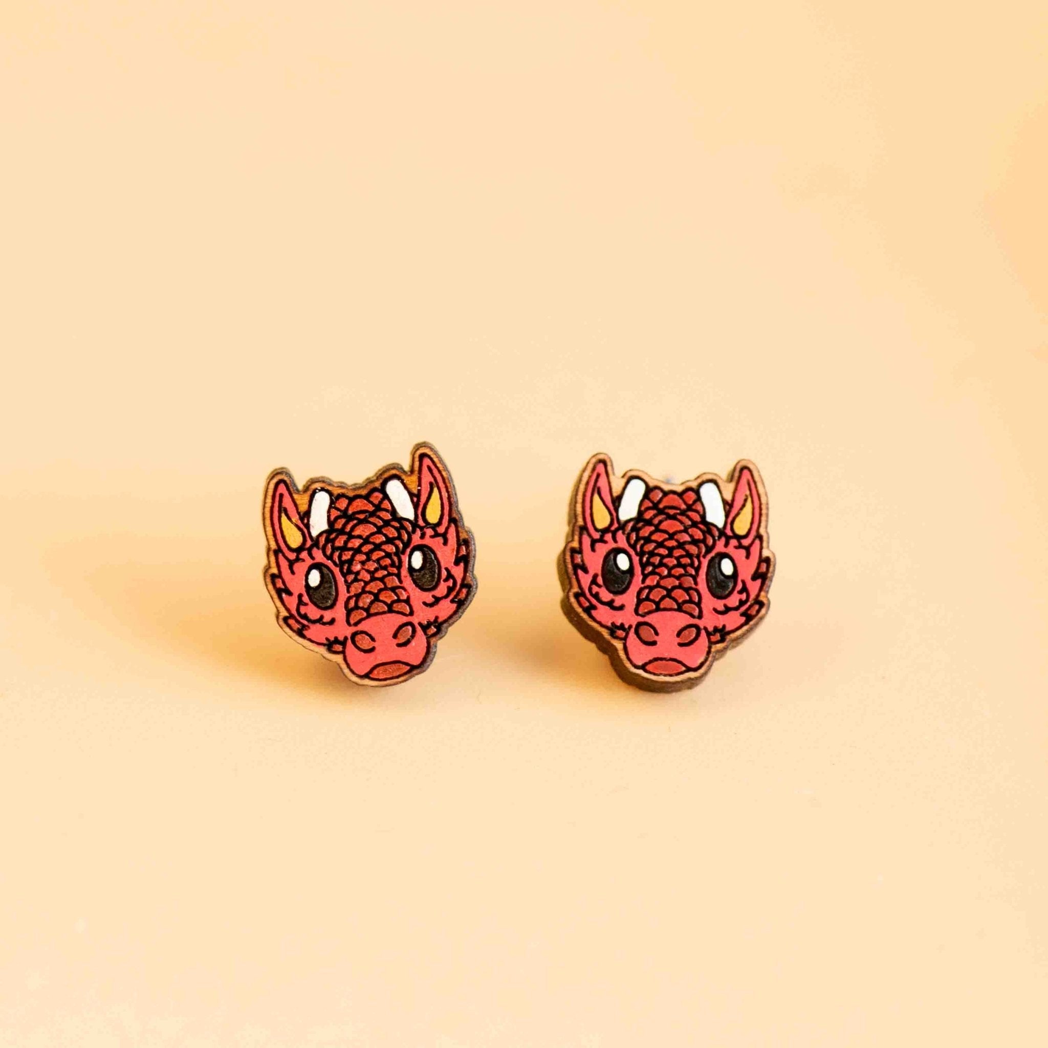 Hand - Painted Red Fire Dragon Wooden Earrings - PEO14103 - Robin Valley Official Store