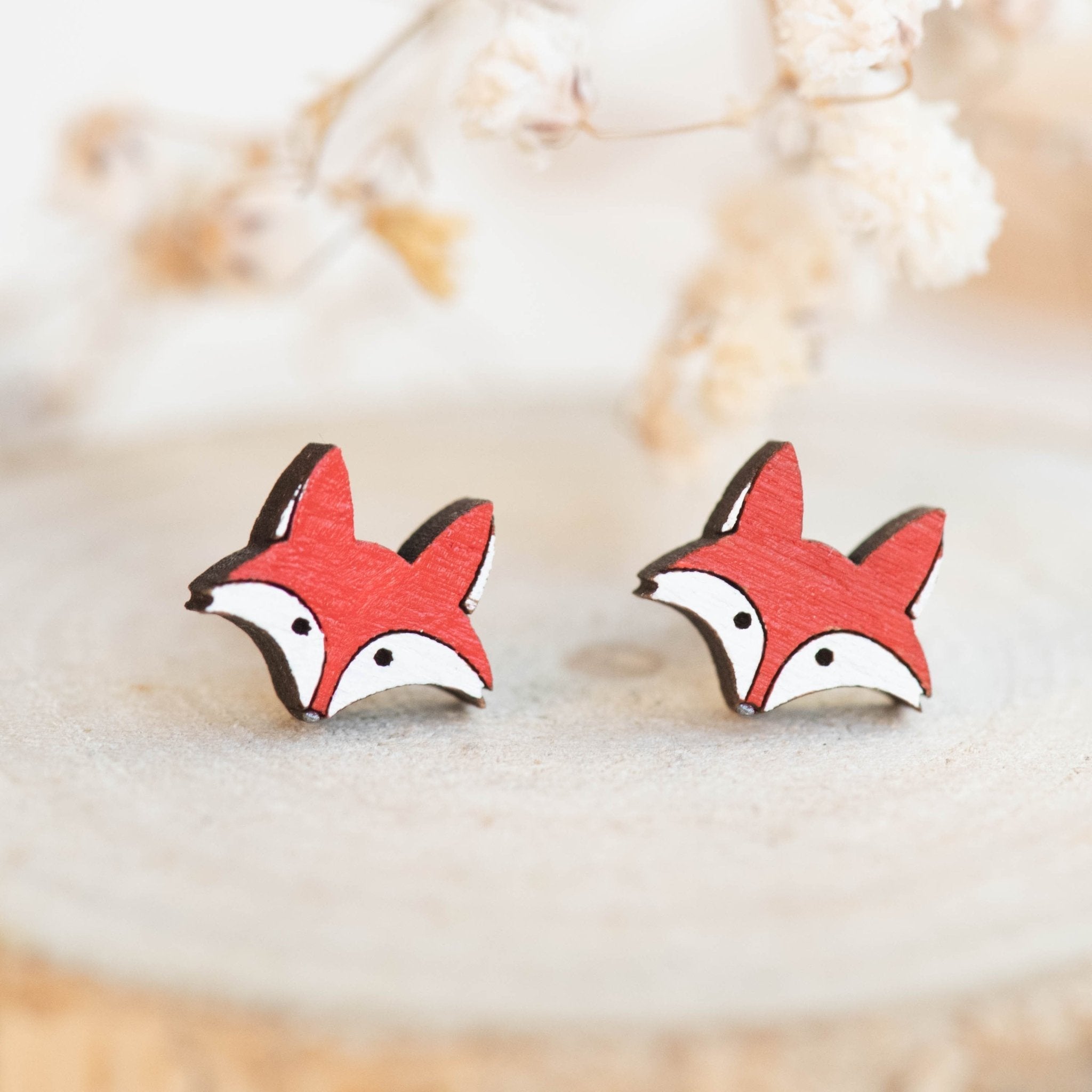 Hand - painted Red Fox Wooden Earrings - PEL10152 - Robin Valley Official Store