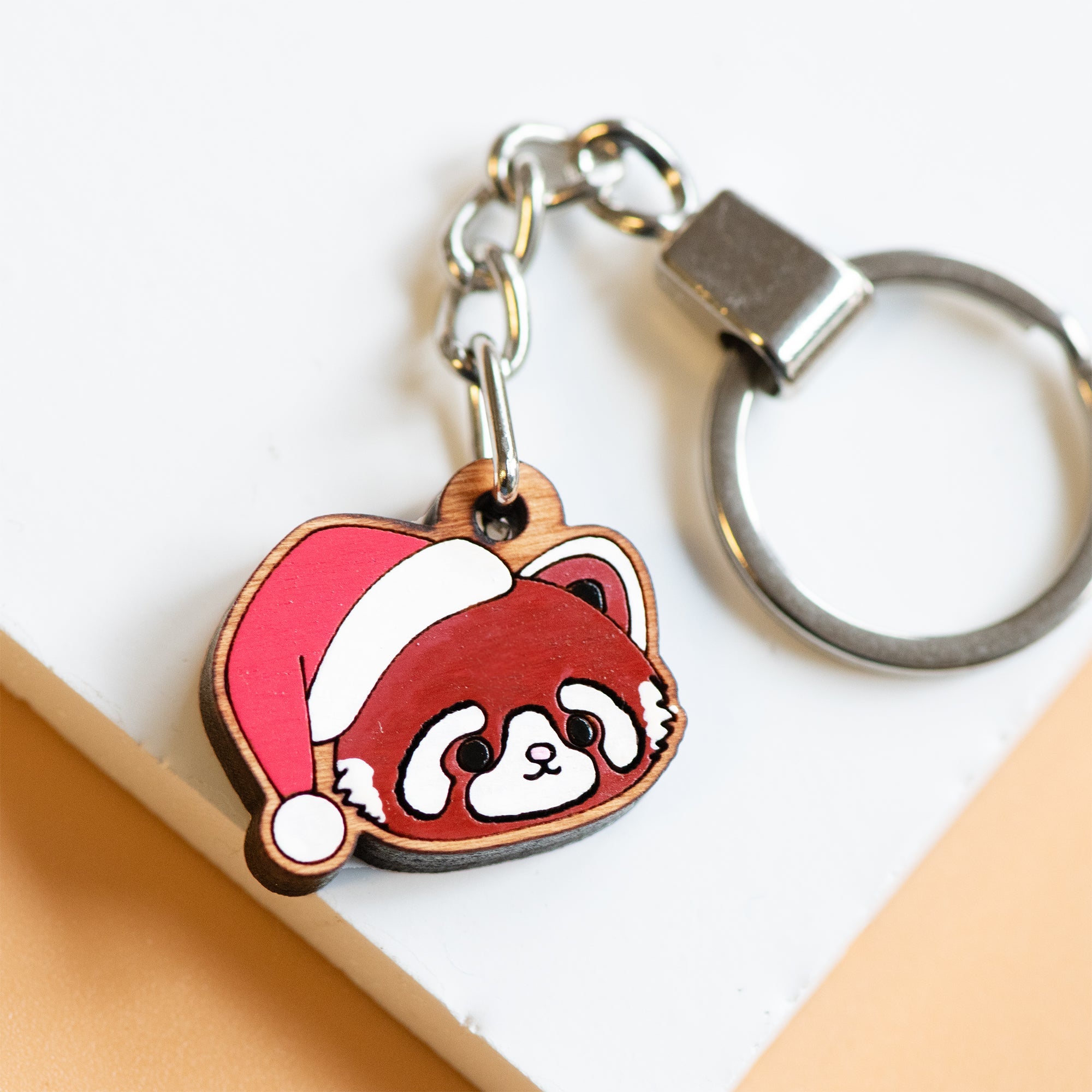 Hand-painted Red Panda with Santa Hat Christmas Wooden Keyring - KL20258 - Robin Valley Official Store