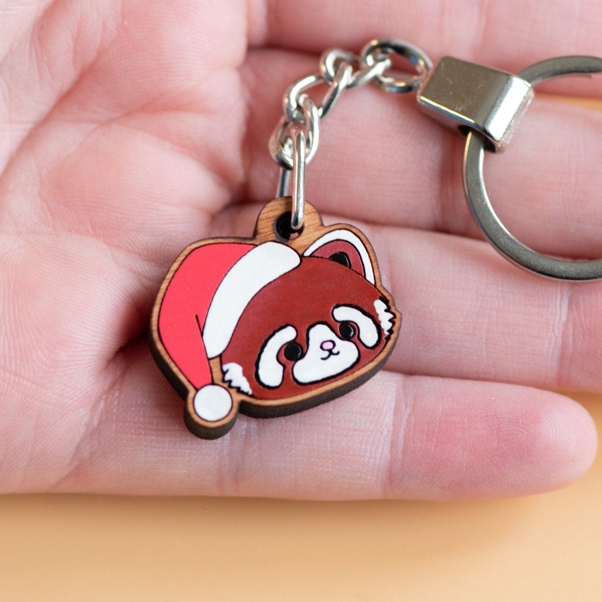Hand-painted Red Panda with Santa Hat Christmas Wooden Keyring - KL20258 - Robin Valley Official Store