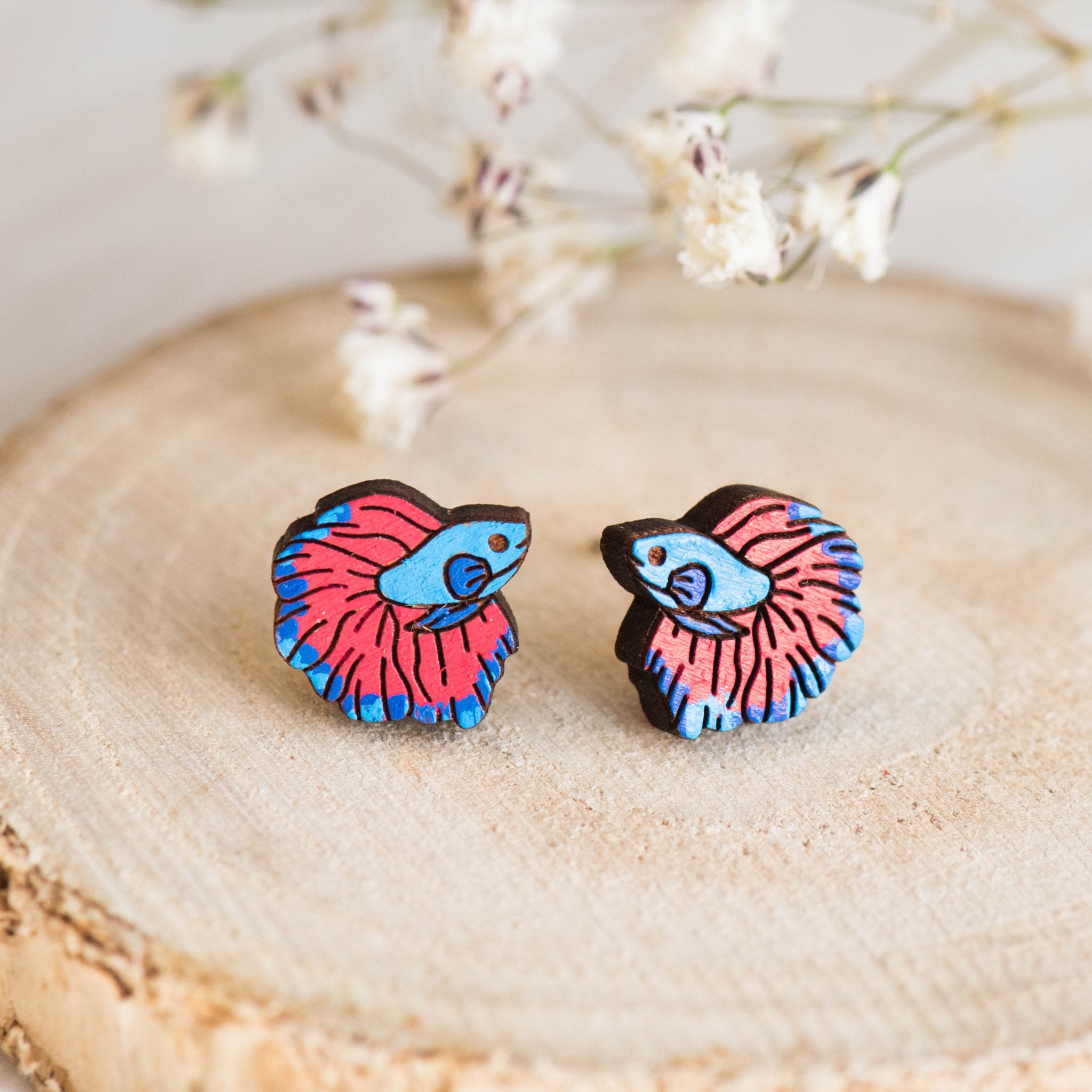 Hand-painted Siamese Fighting Fish Stud Earrings Eco-jewellery - PES13040 - Robin Valley Official Store