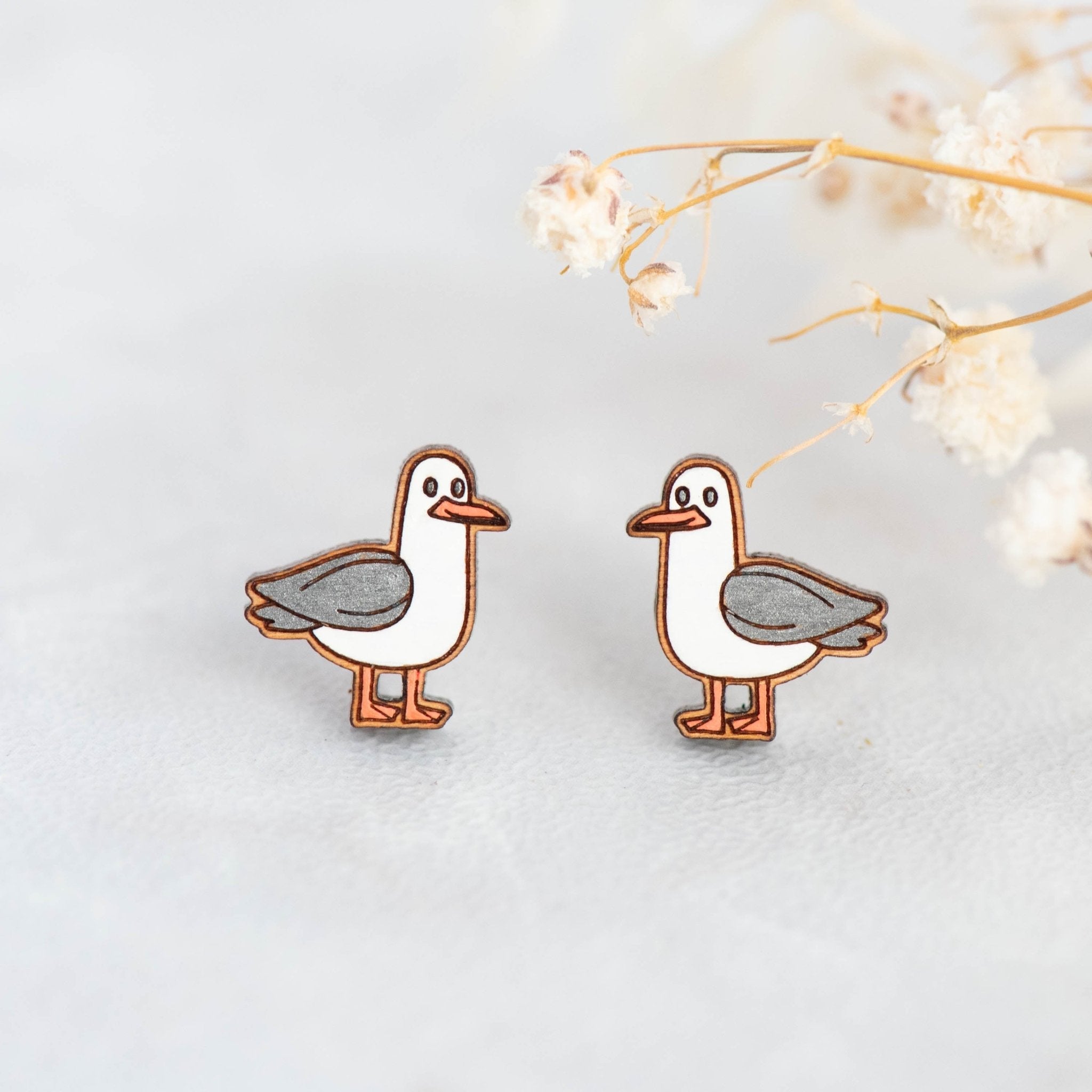 Hand - painted Silver Seagull Wooden Stud Earrings - PEB12029 - Robin Valley Official Store