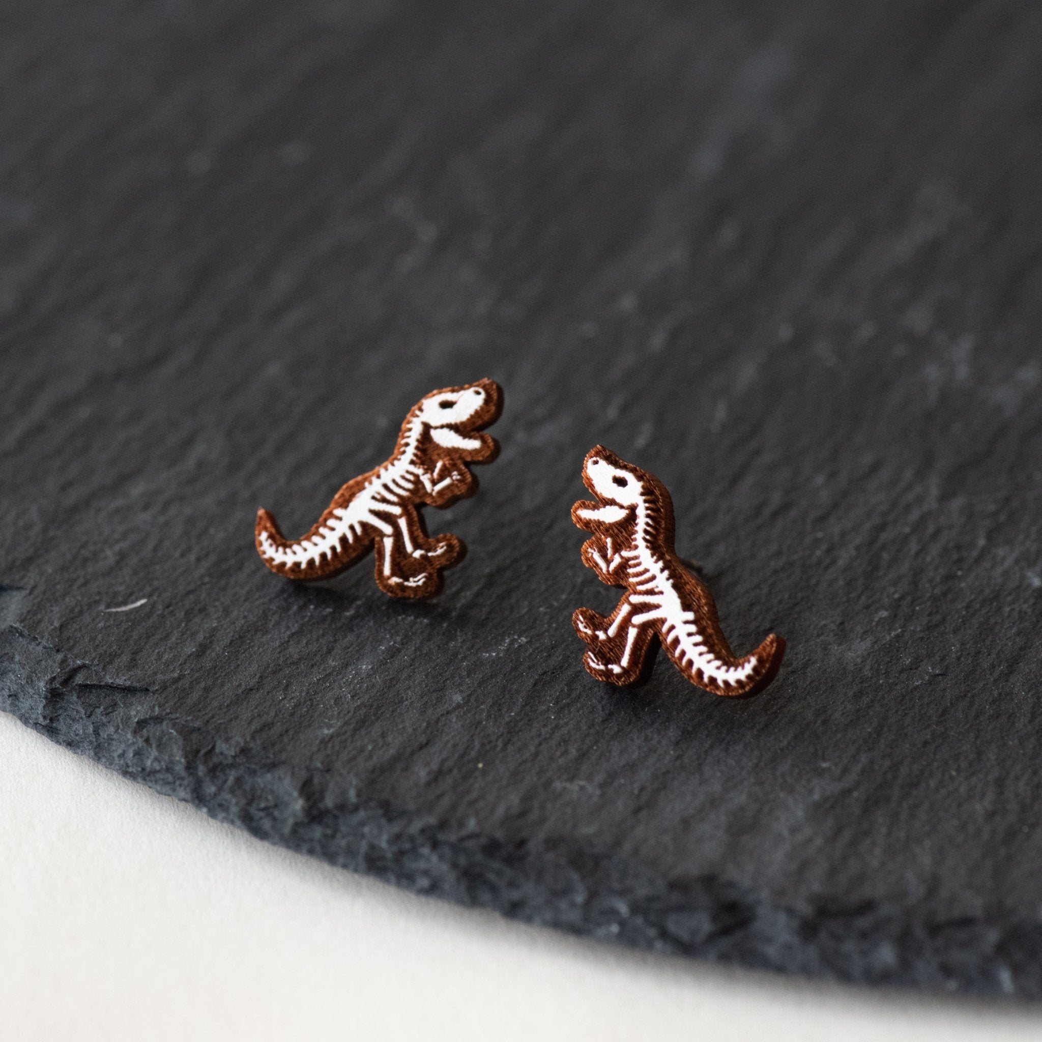 Hand - Painted T - Rex Dinosaur Skeleton Wooden Stud Earrings - EO14008 - Robin Valley Official Store