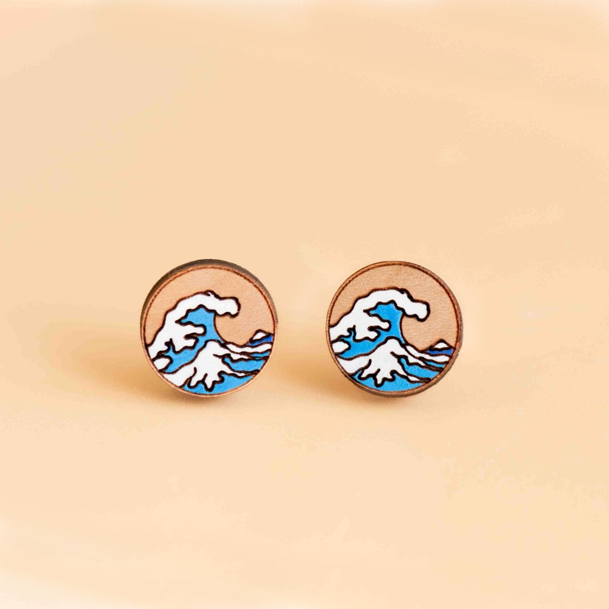 Hand - painted The Great Wave Off Stud Earrings Inspired by Kanagawa Wooden Jewellery - PET15189 - Robin Valley Official Store