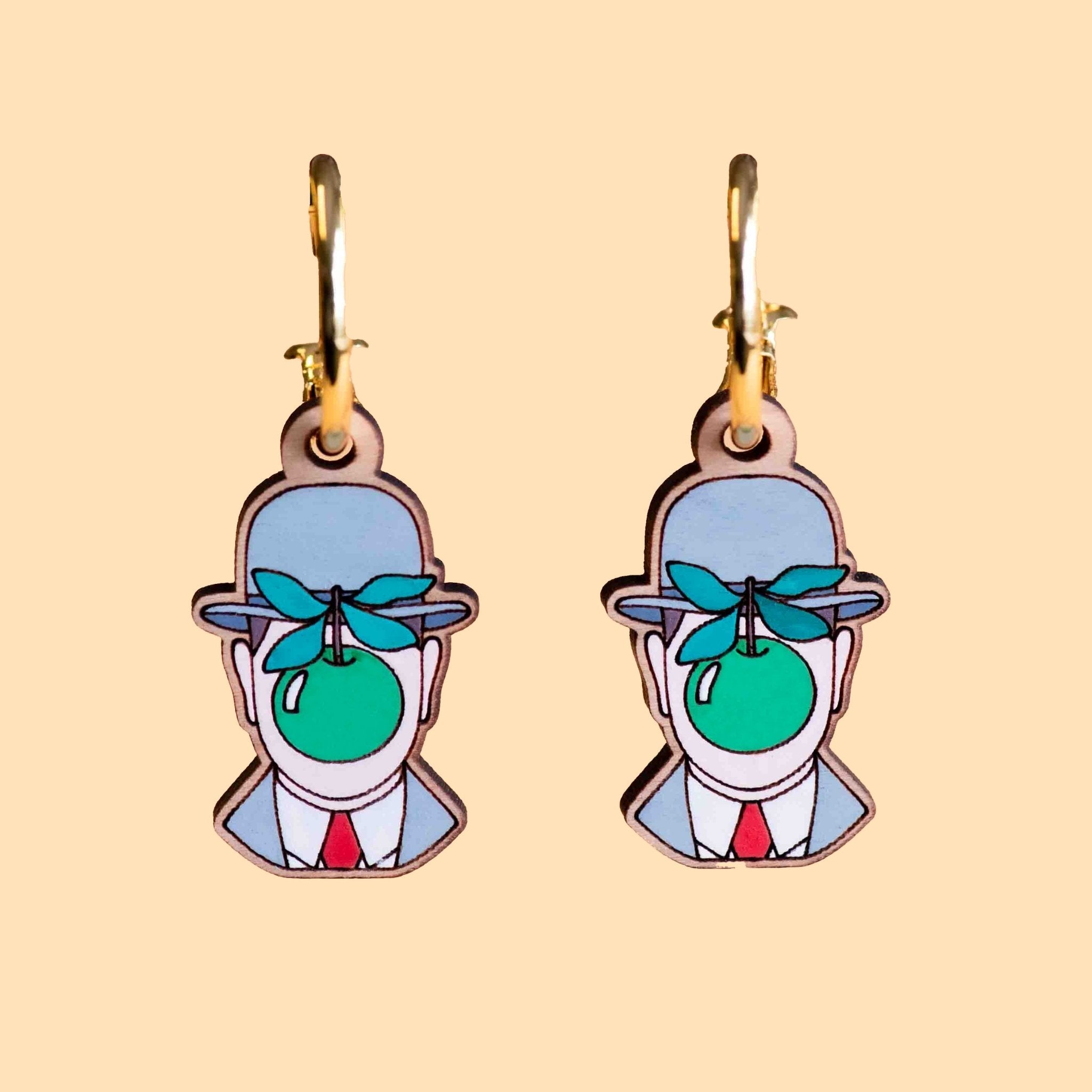 Hand - painted The Son of Man Hoop Earrings Inspired by René Magritte - PET15126H - Robin Valley Official Store