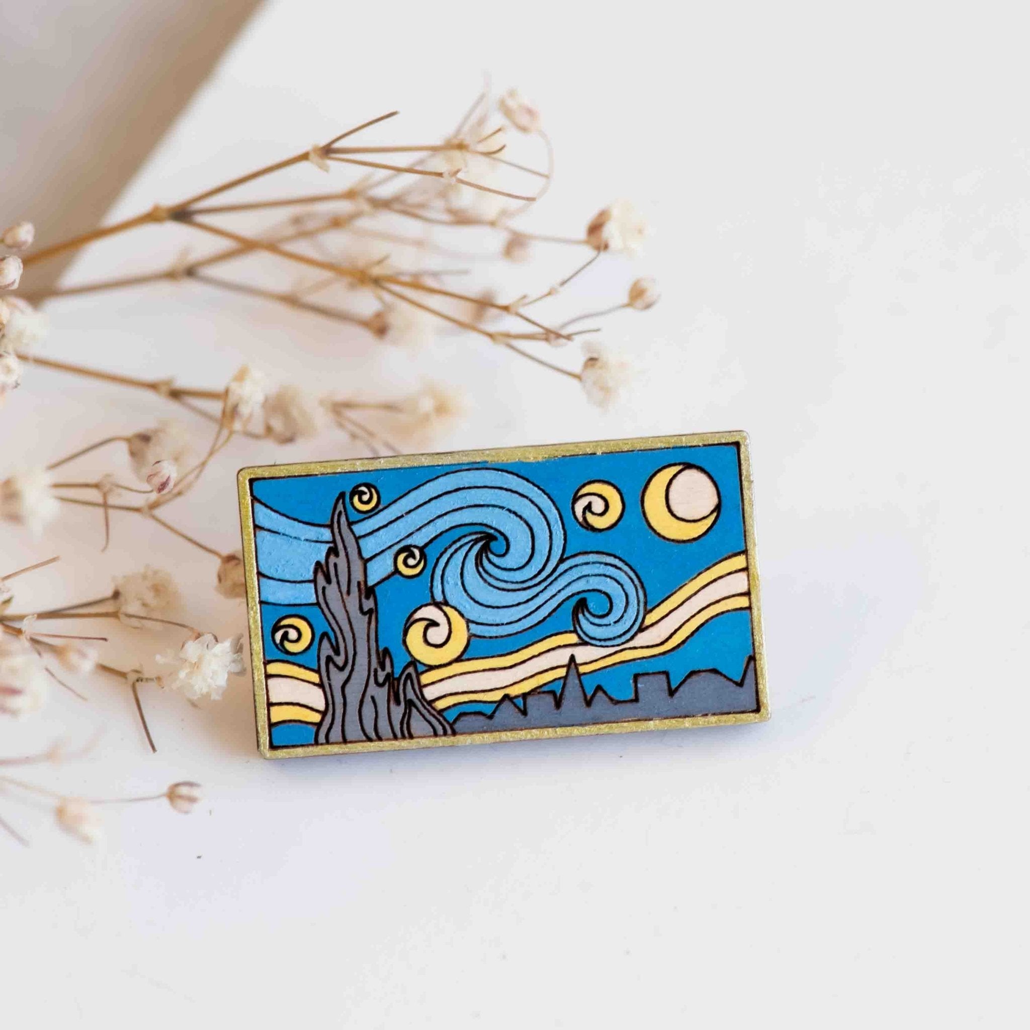 Hand-painted The Starry Night Wooden Pin Badge Inspired by Van Gogh - PT45127 - Robin Valley Official Store