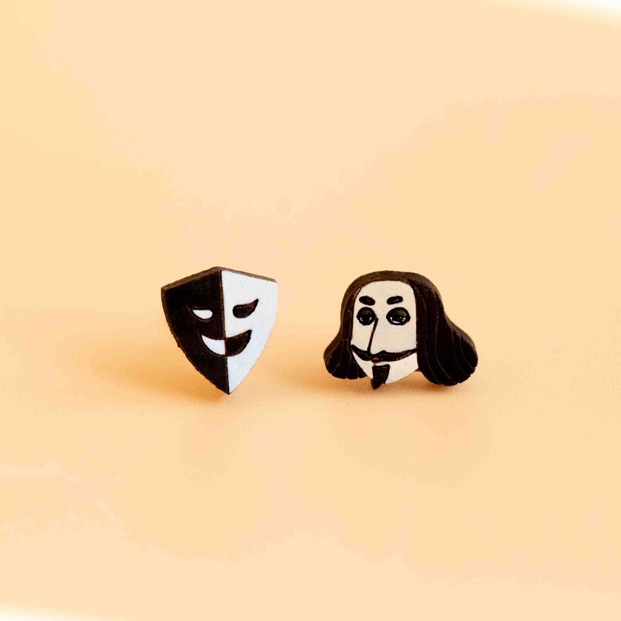 Hand - painted William Shakespeare Theater Mask Earrings Wooden Jewellery - PEO14100 - Robin Valley Official Store
