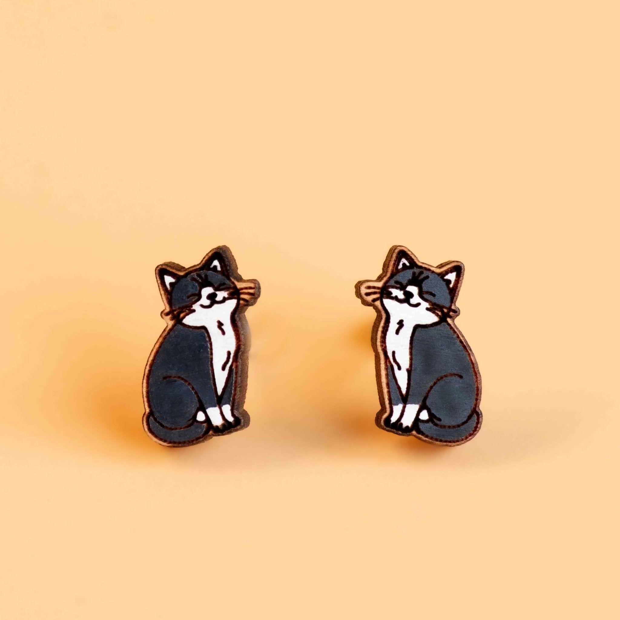 Hand - Painted Wooden Black and White Cat Earrings - PEL10173 - Robin Valley Official Store