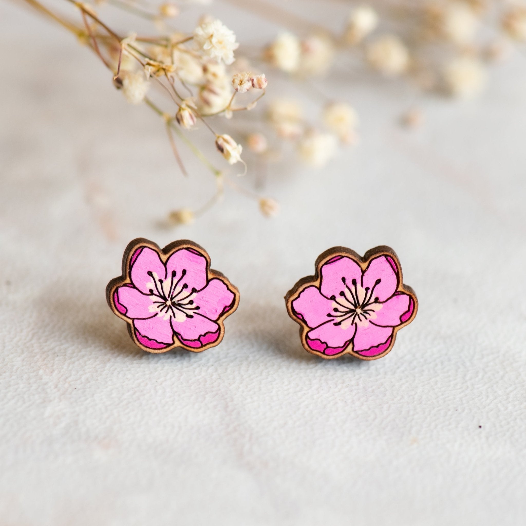 Hand - painted Wooden Cherry Blossom Earrings - PEO14074 - Robin Valley Official Store