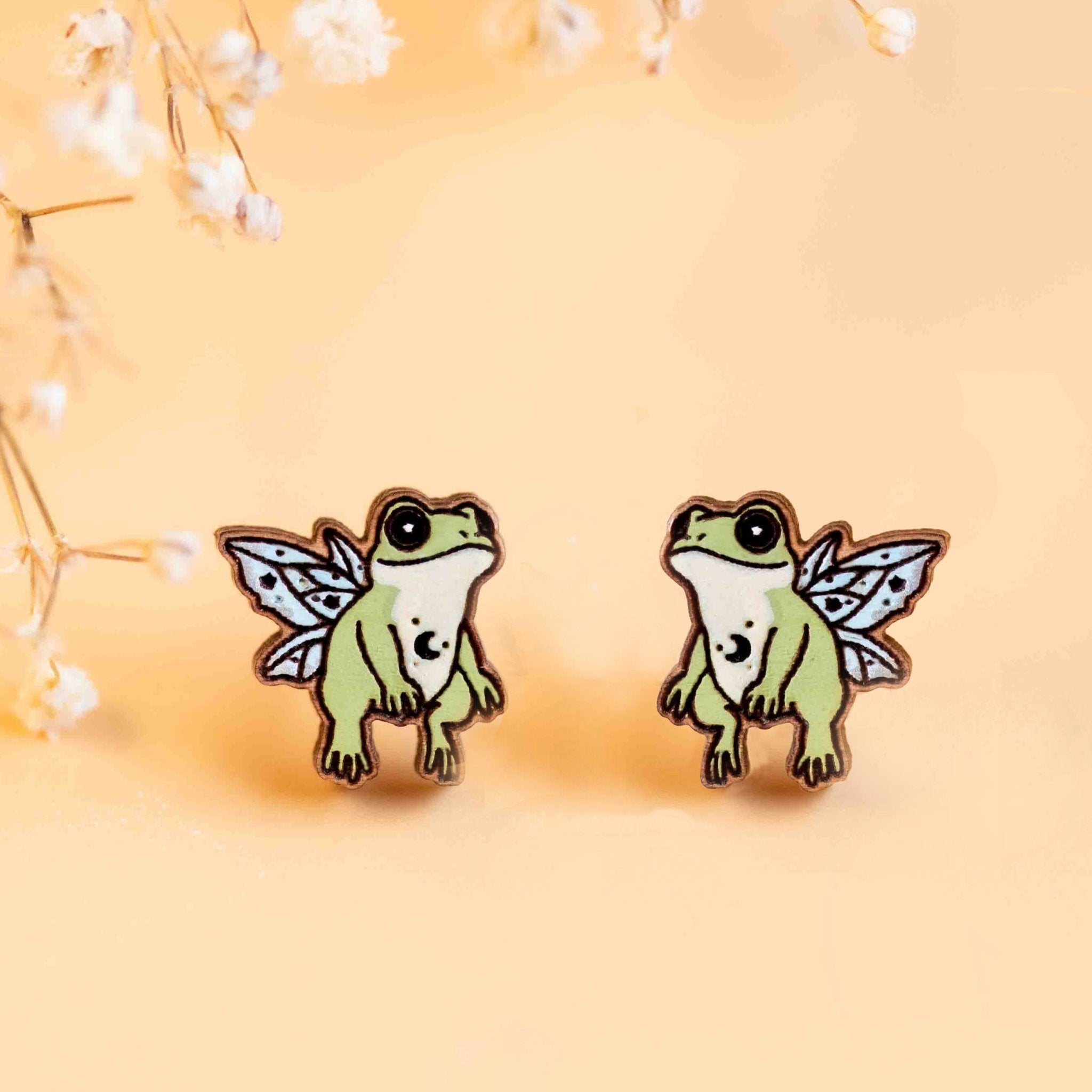 Hand - painted Wooden Fairy Frog Earrings - PEL10253 - Robin Valley Official Store