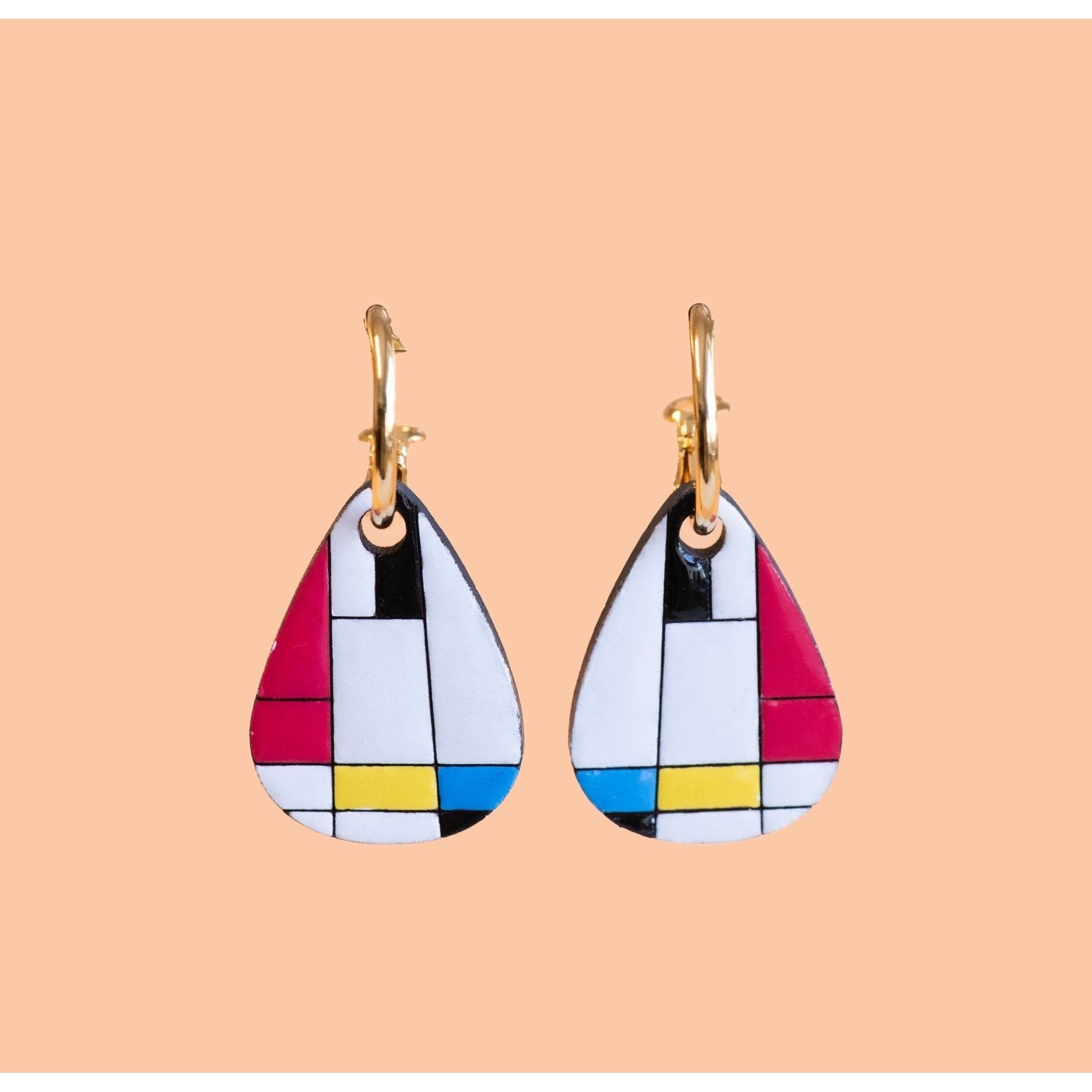 Hand - Painted Wooden Piet Mondrian Art Hoop Earrings - PET15120 - Robin Valley Official Store
