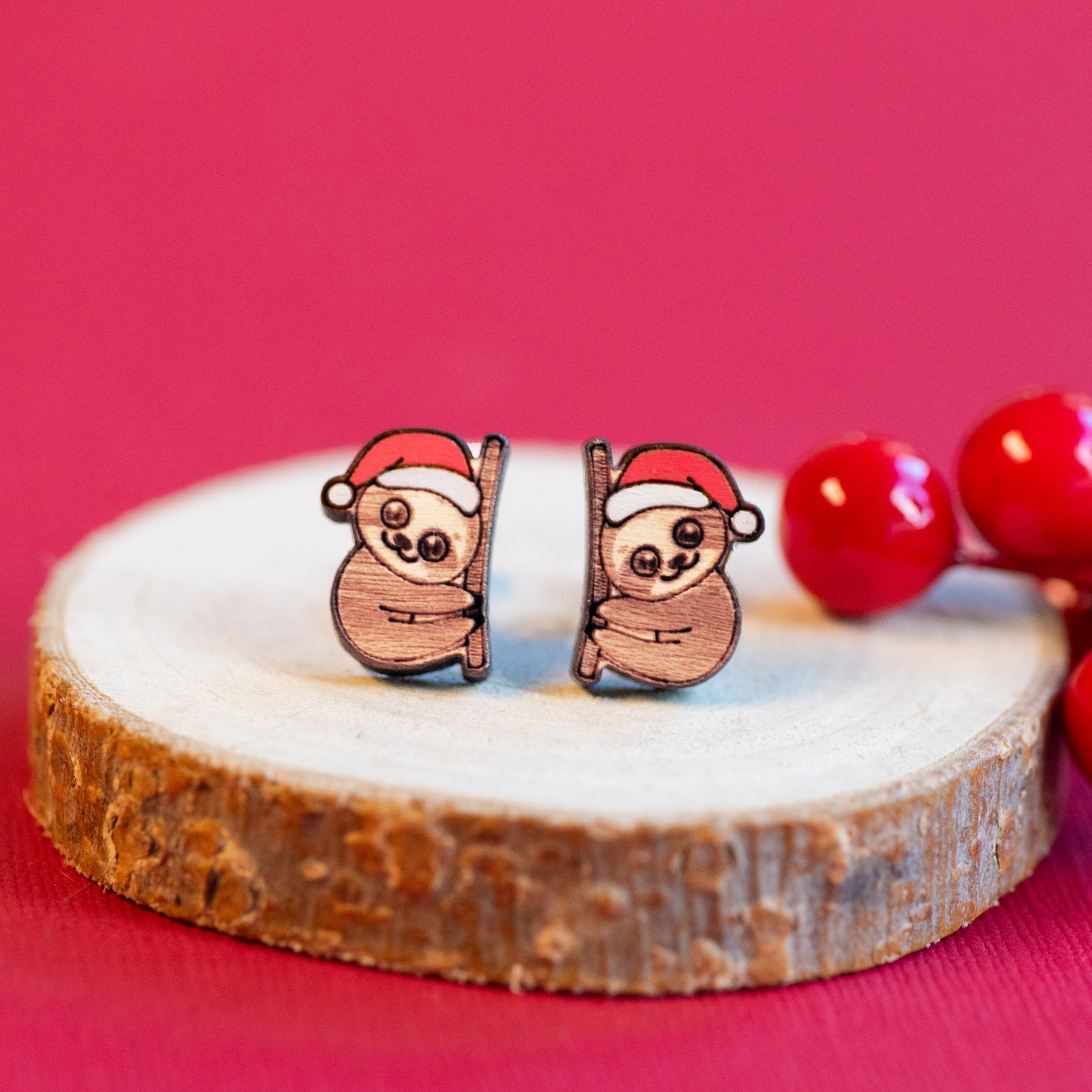 Hand-panted Baby Sloth with Santa Hat Wooden Earrings - PEL10264 - Robin Valley Official Store