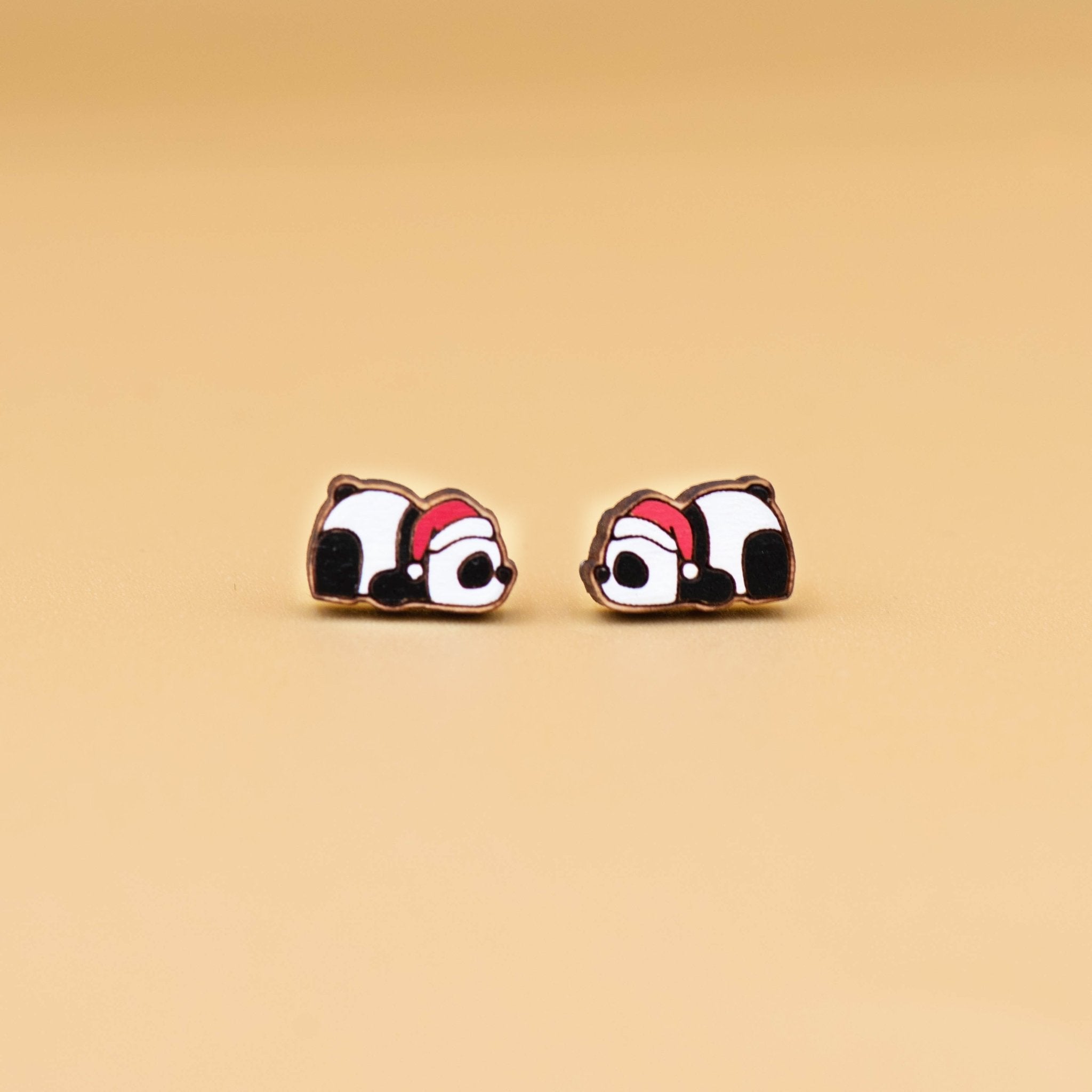 Hand-panted Sleeping Panda with Santa Hat Wooden Earrings - PEL10263 - Robin Valley Official Store