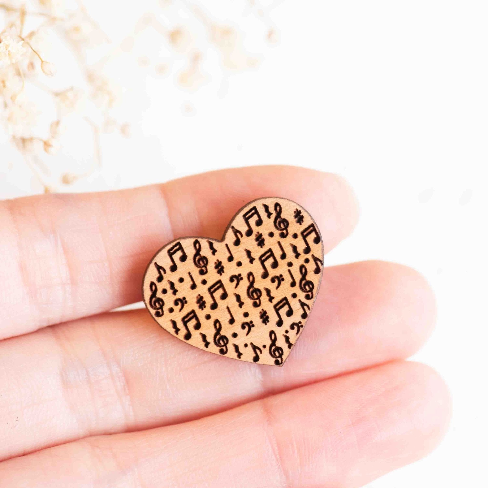 Handmade Heart Shaped Music Notes Wooden Pin Badge - PT45200 - Robin Valley Official Store