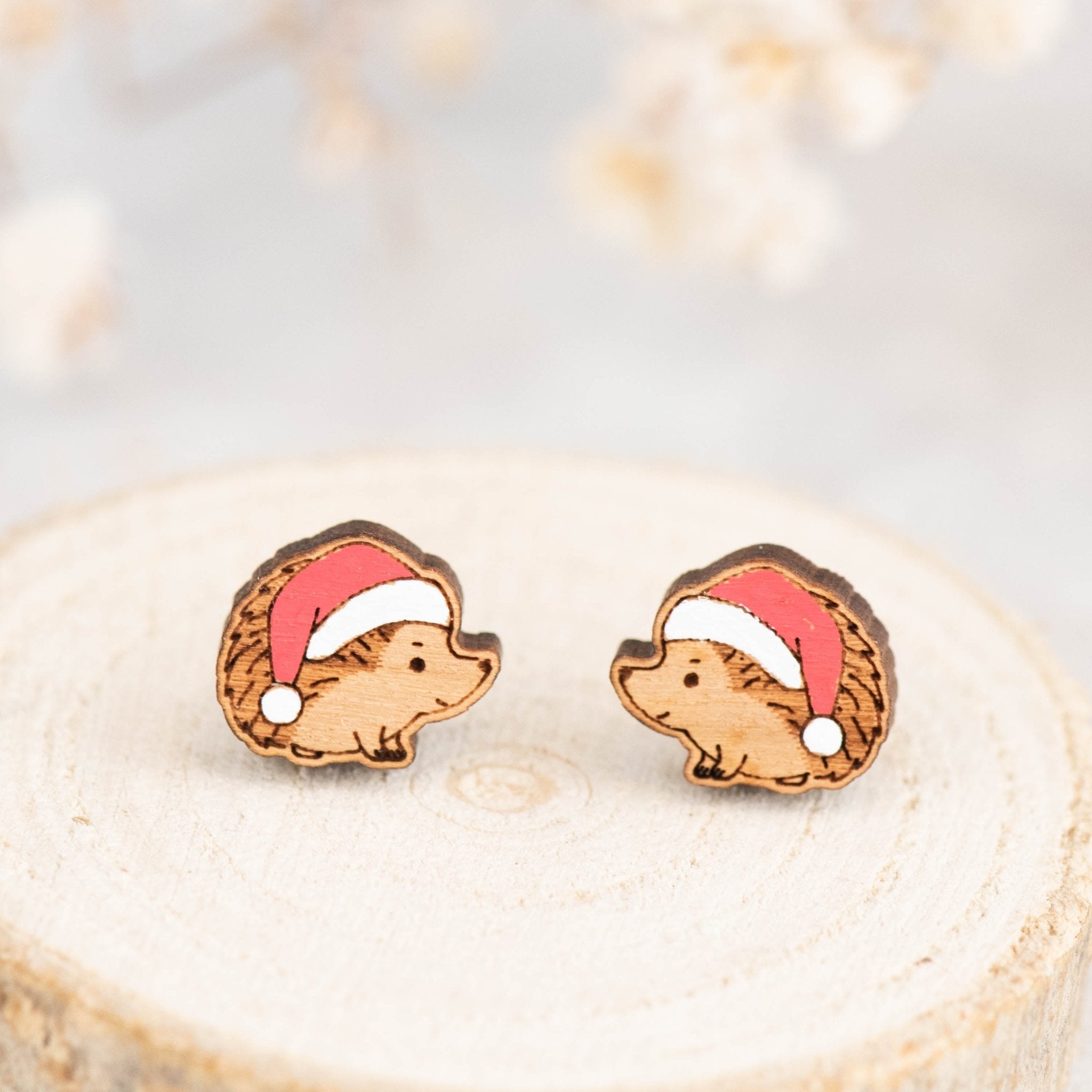 Hedgehog in Santa Hat Wooden Earrings - PEL10161 - Robin Valley Official Store