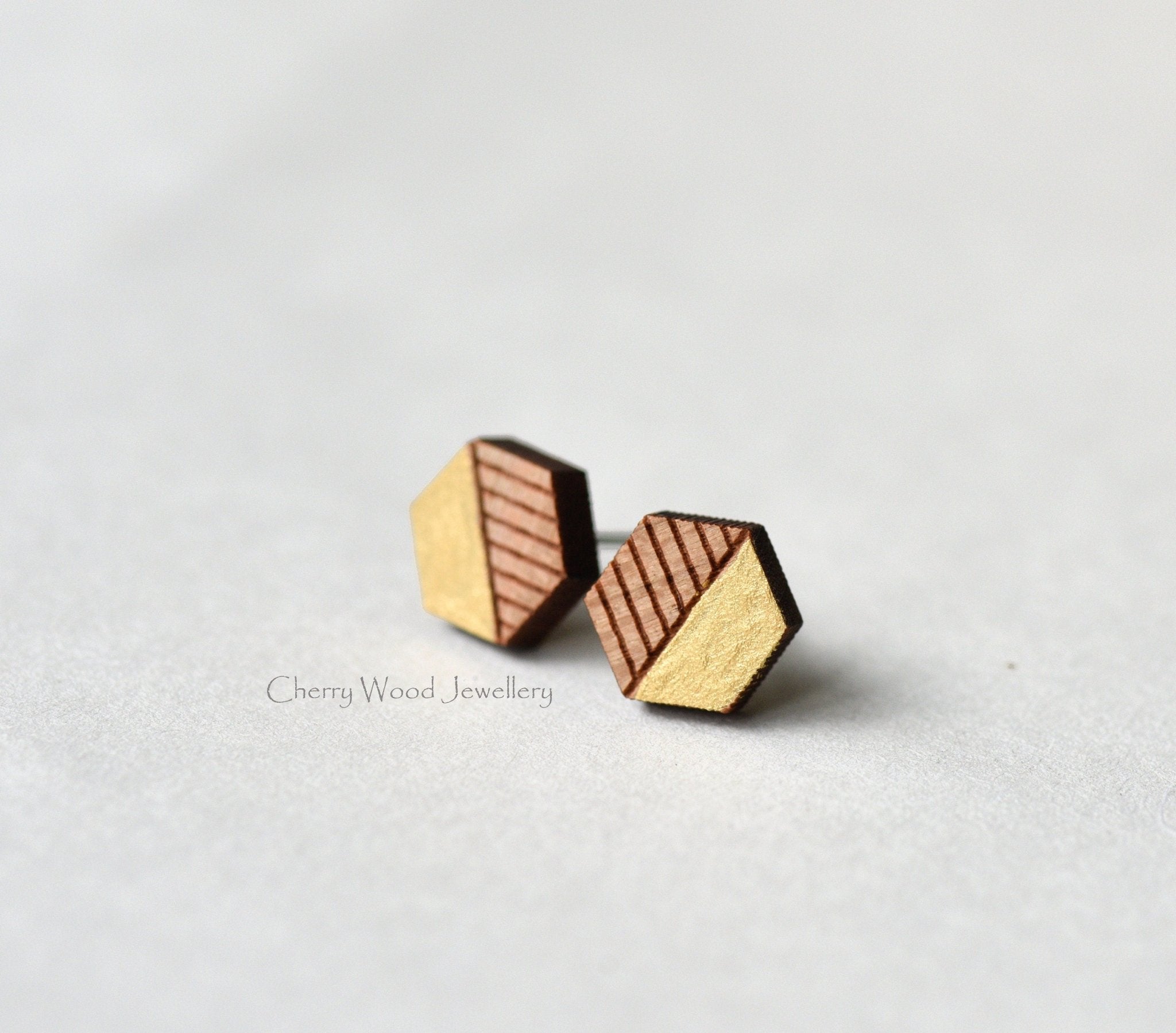 Hexagon Cherry Wood Stud Earrings - ET15025 - Robin Valley Official Store