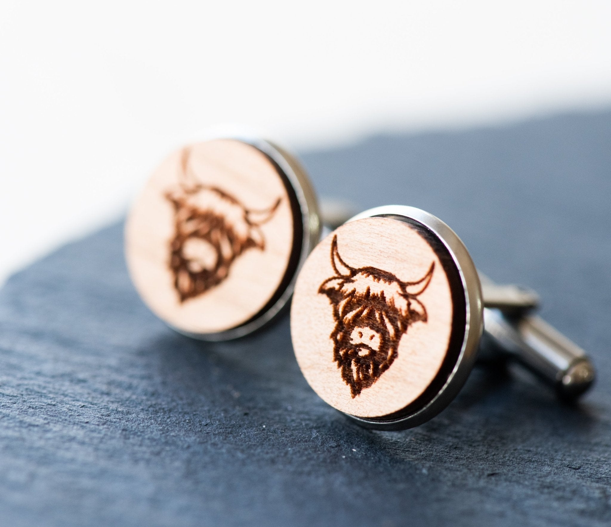 Highland Cow Cherry Wood Cufflinks - CL30005 - Robin Valley Official Store