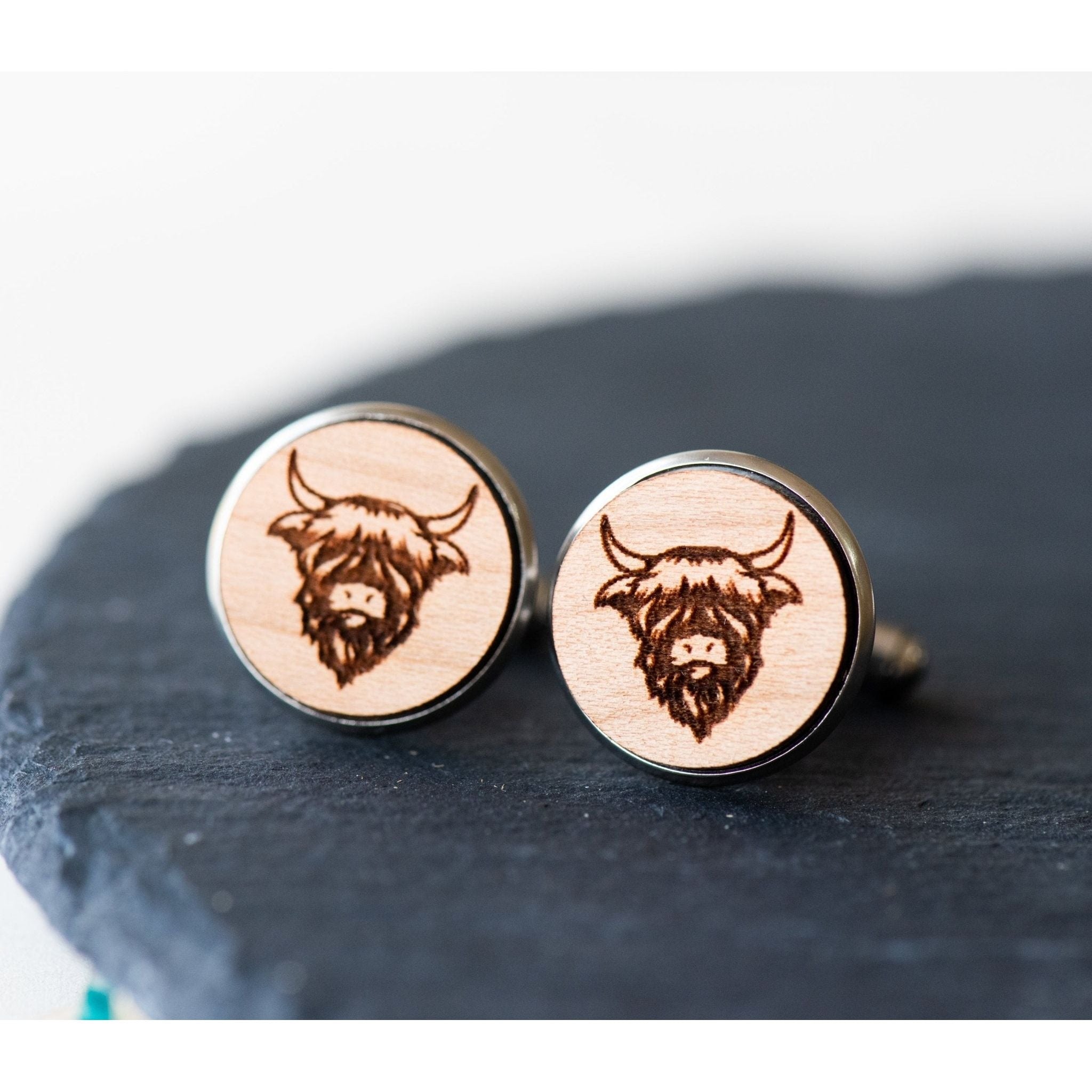 Highland Cow Cherry Wood Cufflinks - CL30005 - Robin Valley Official Store