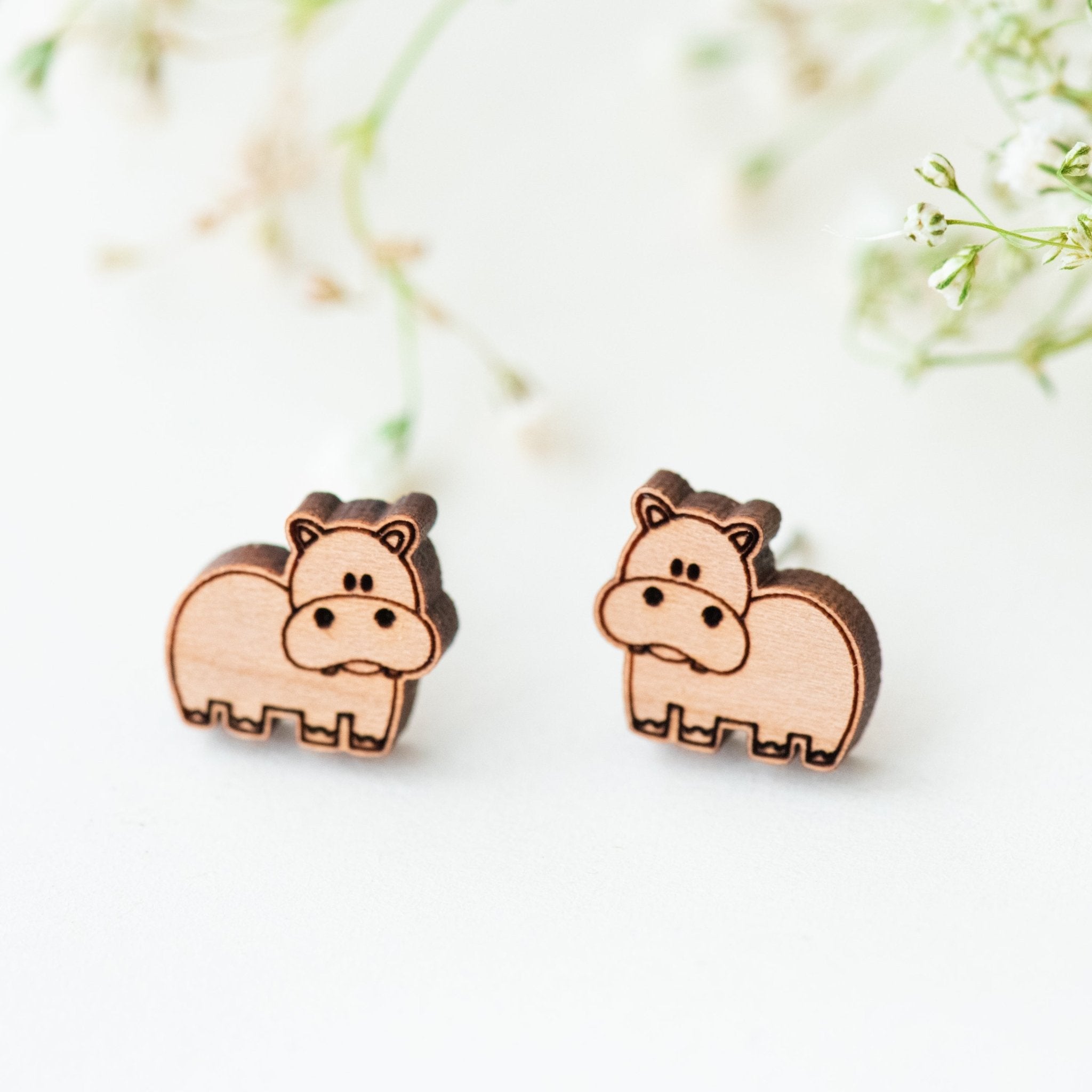 Hippo Cherry Wood Stud Earrings - EL10044 - Robin Valley Official Store