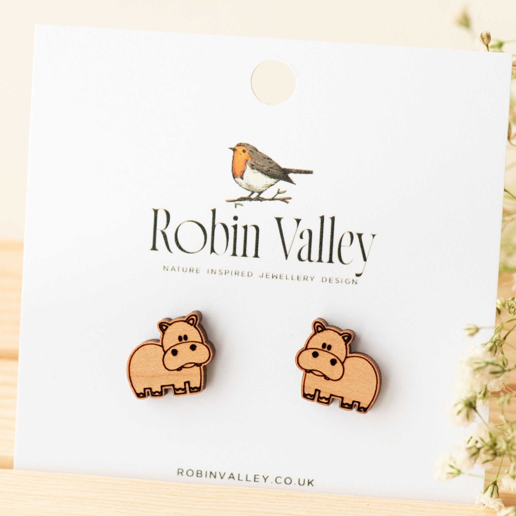 Hippo Cherry Wood Stud Earrings - EL10044 - Robin Valley Official Store