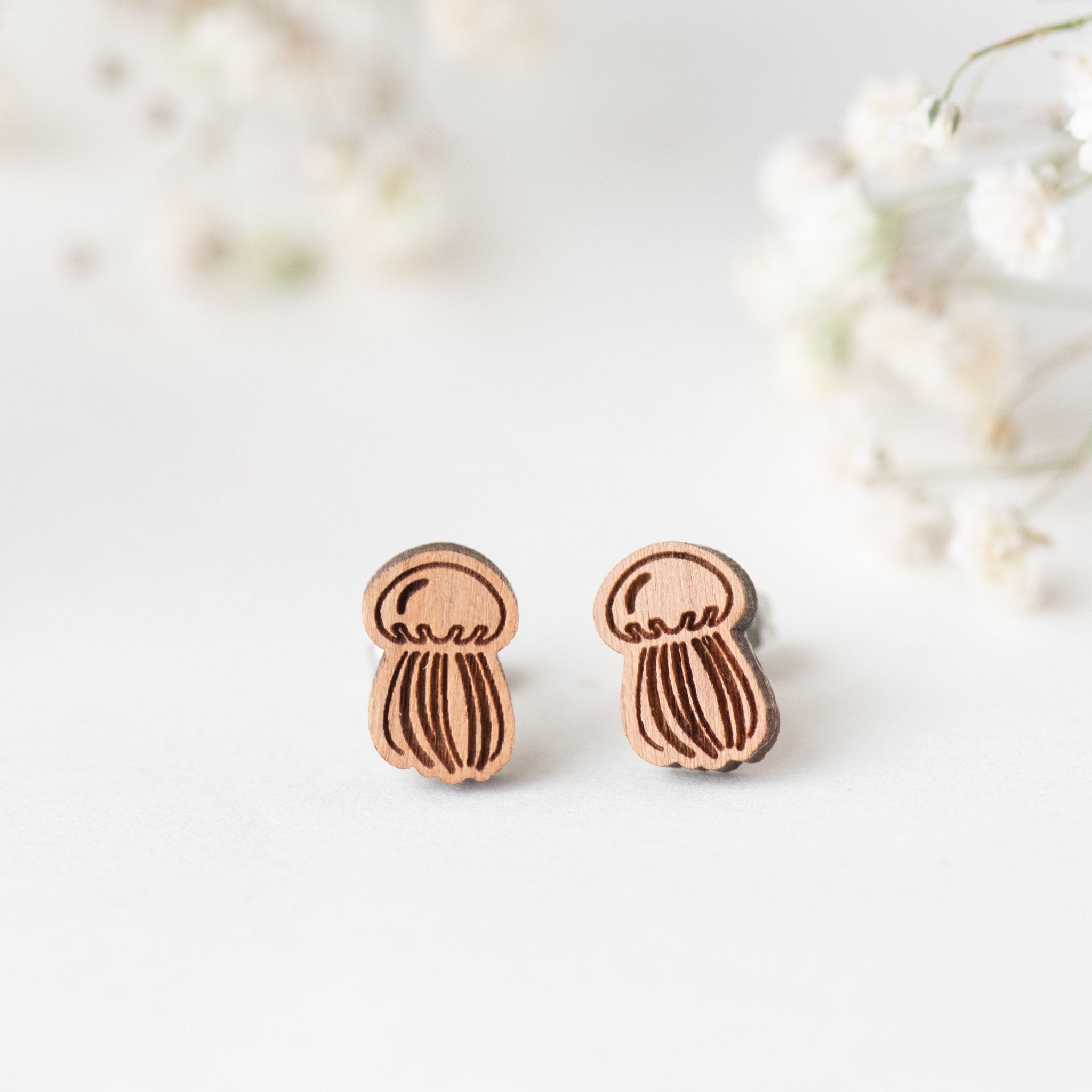 Jellyfish Cherry Wood Stud Earrings - ES13055 - Robin Valley Official Store