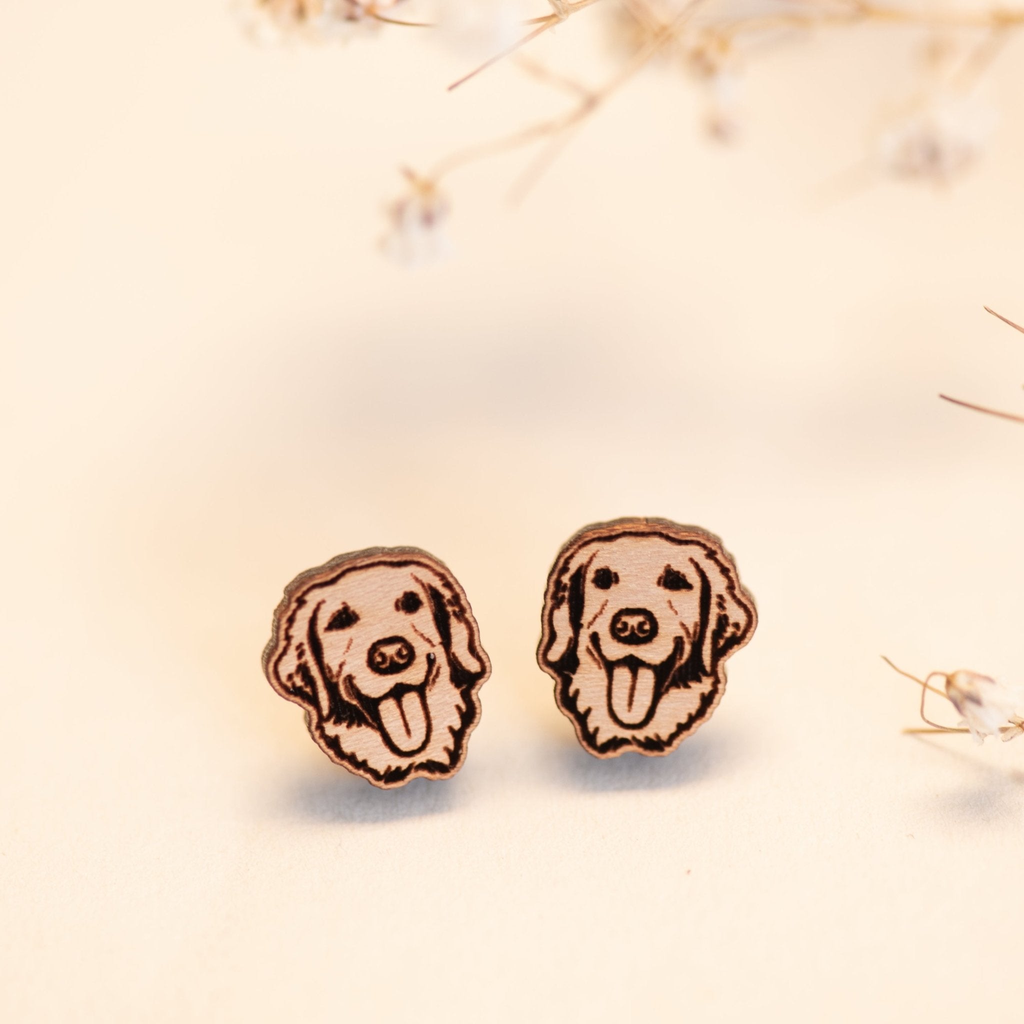 Labrador / Golden Retriever Dog Cherry Wood Stud Earrings - EL10121 - Robin Valley Official Store