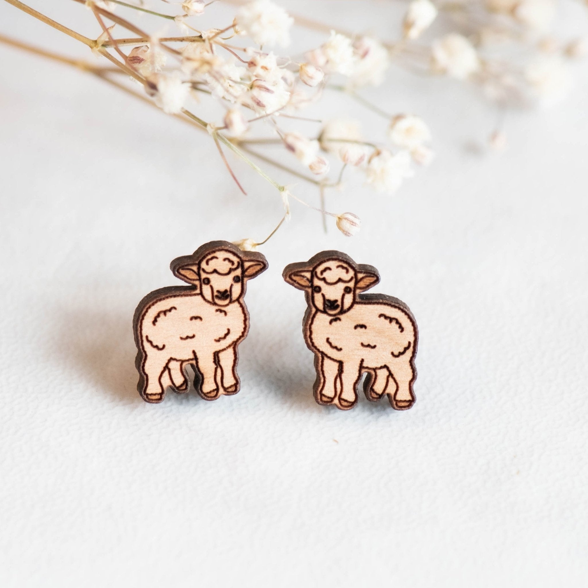 Little Lamb Cherry Wood Stud Earrings - EL10225 - Robin Valley Official Store