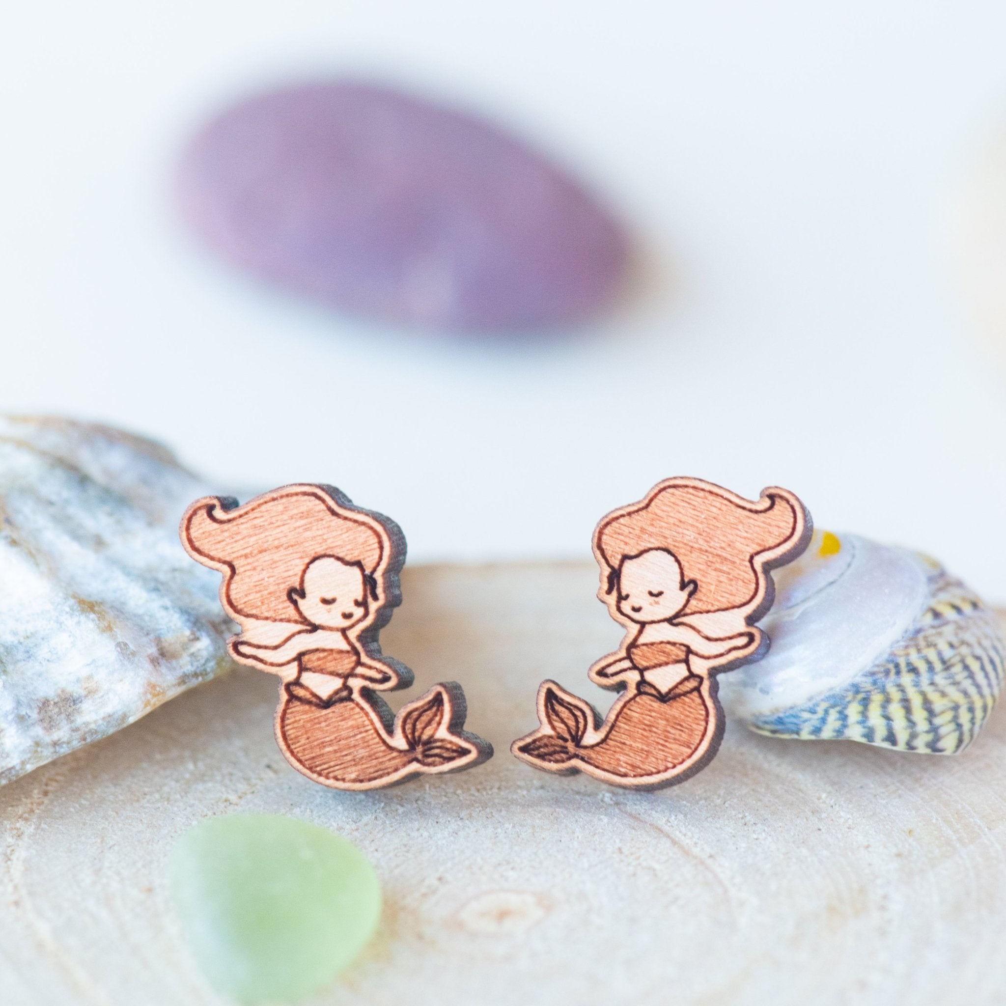 Little Mermaid Cherry Wood Stud Earrings - ES13029 - Robin Valley Official Store