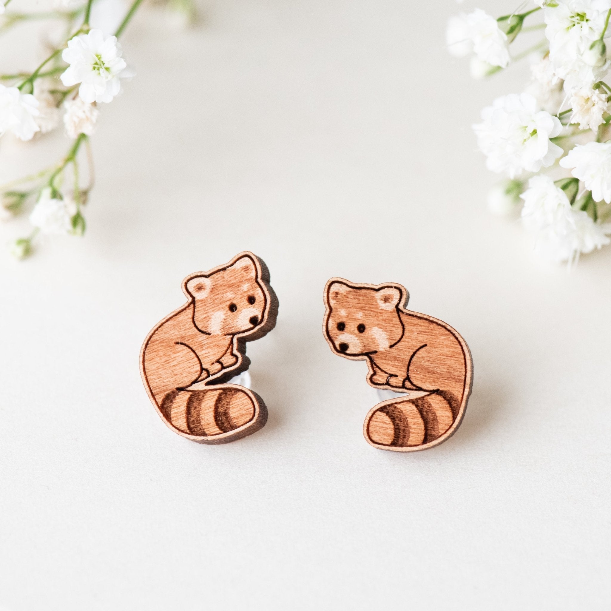 Little Red Panda Wooden Stud Earrings - EL10001 - Robin Valley Official Store