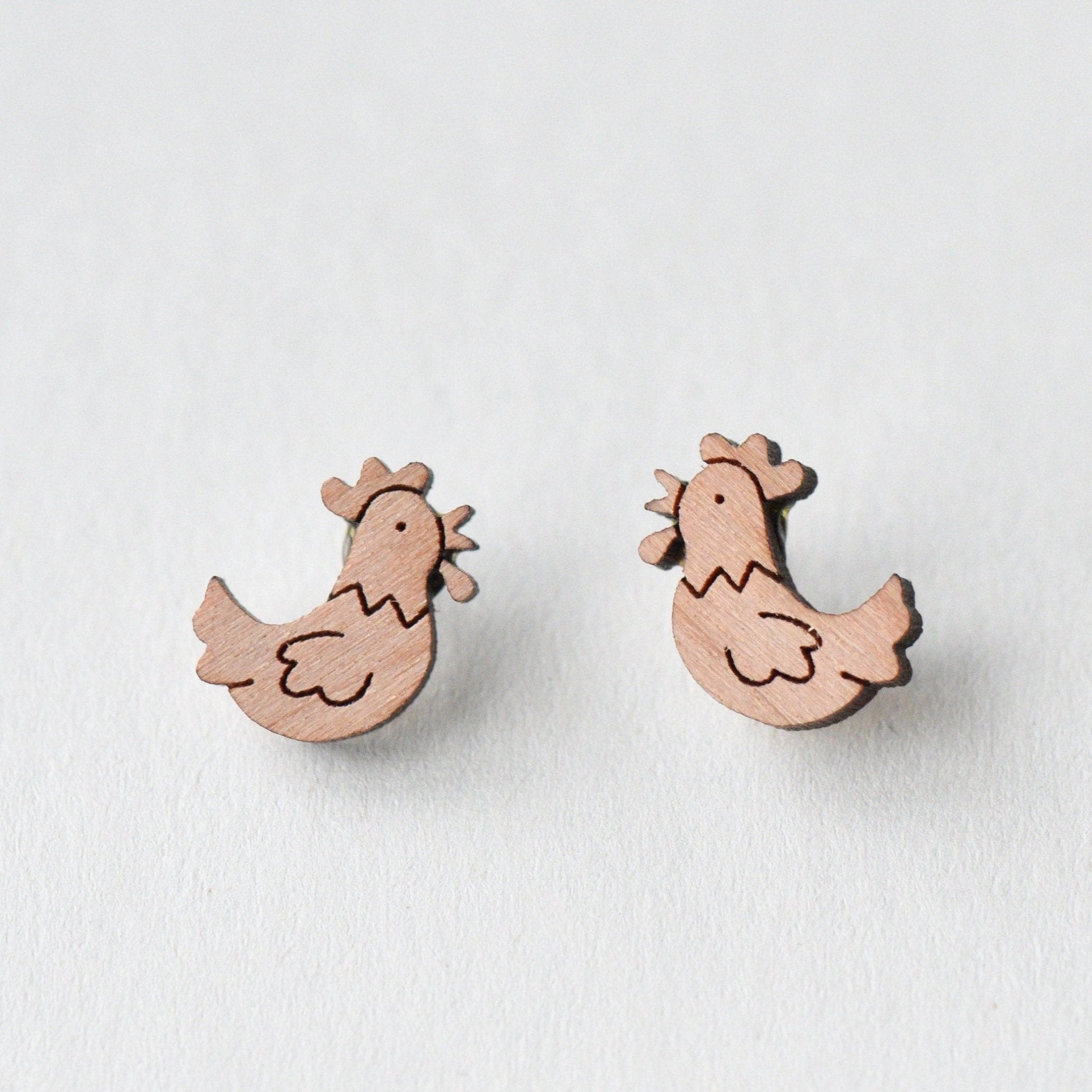 Little Rooster Cherry Wood Stud Earrings - EB12017 - Robin Valley Official Store