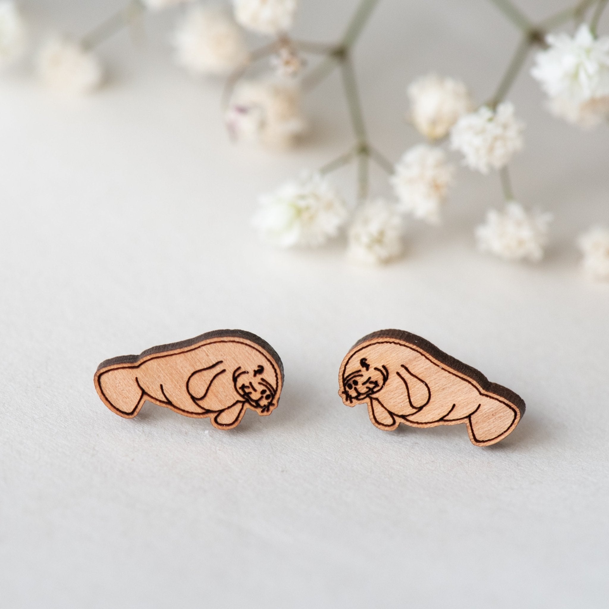 Manatee Cherry Wood Stud Earrings - ES13016 - Robin Valley Official Store