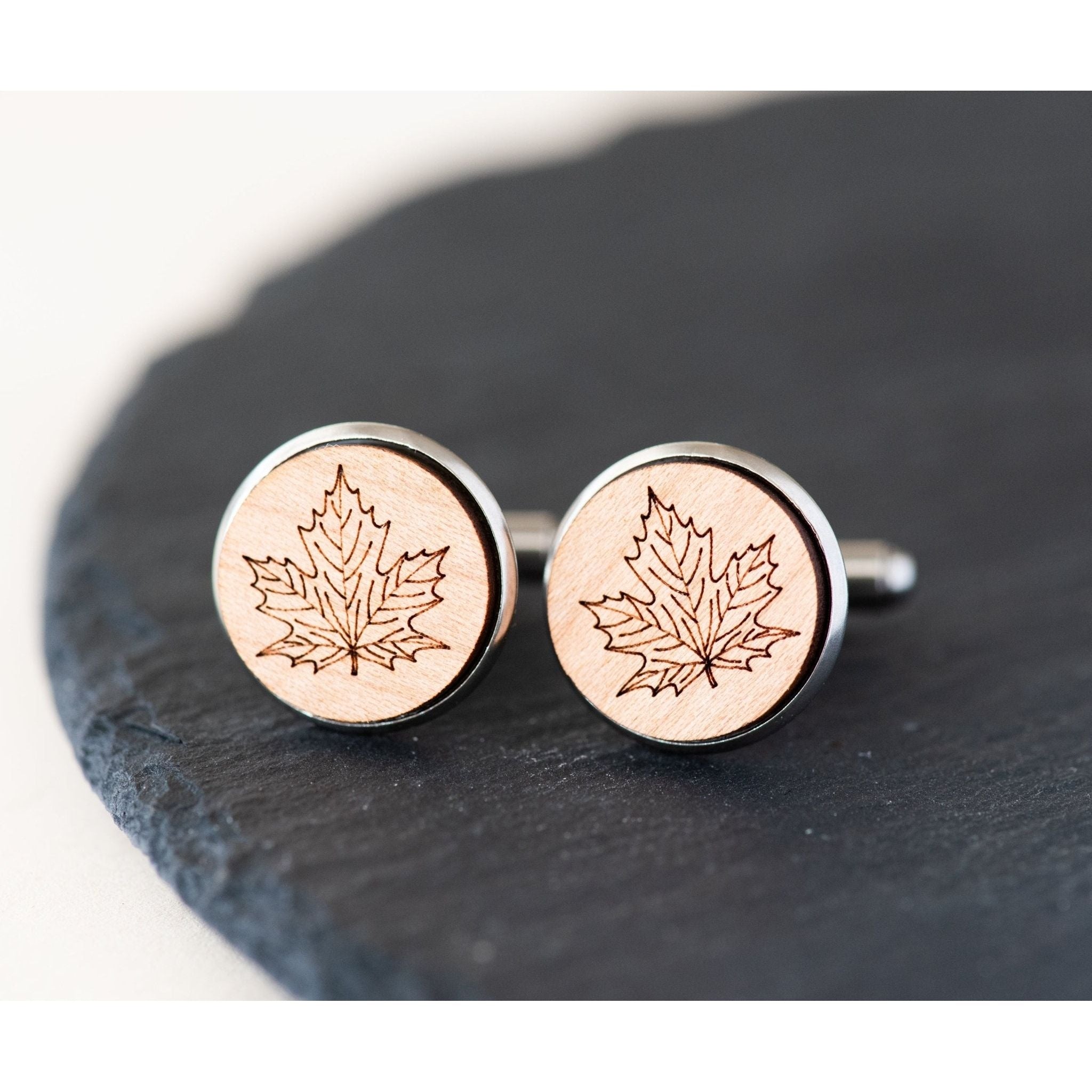 Maple Leaf Cherry Wood Cufflinks - CO34095 - Robin Valley Official Store