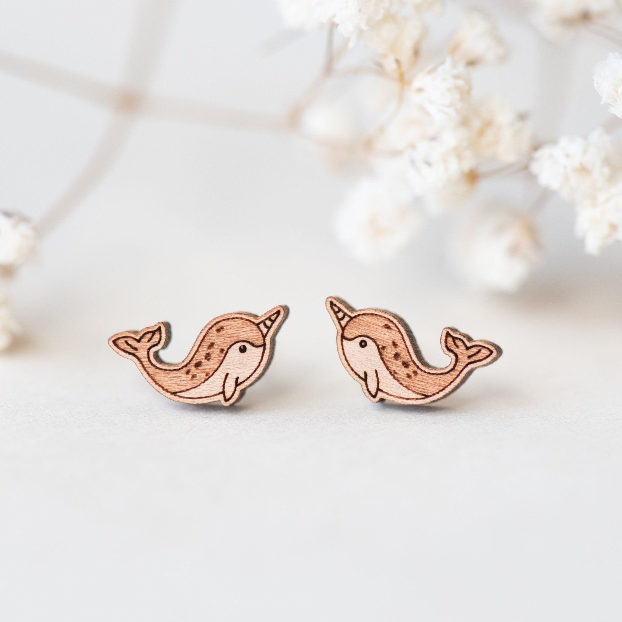 Narwhal Cherry Wood Stud Earrings - ES13023 - Robin Valley Official Store