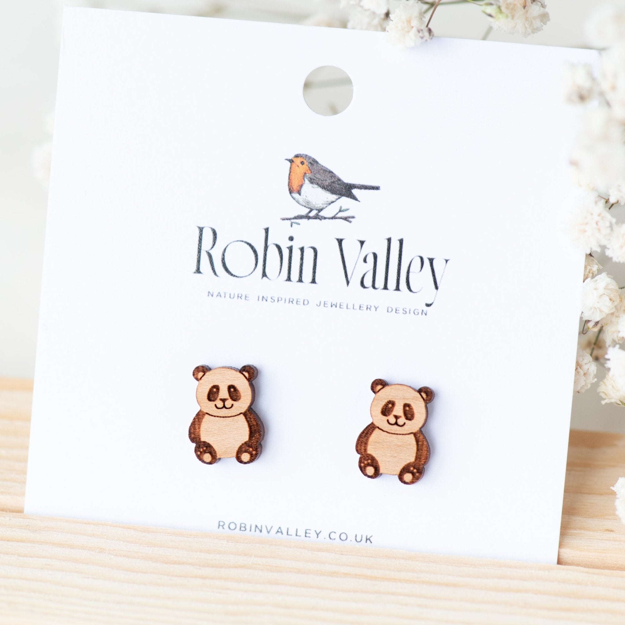 Panda (Sitting) Cherry Wood Stud Earrings - EL10043 - Robin Valley Official Store