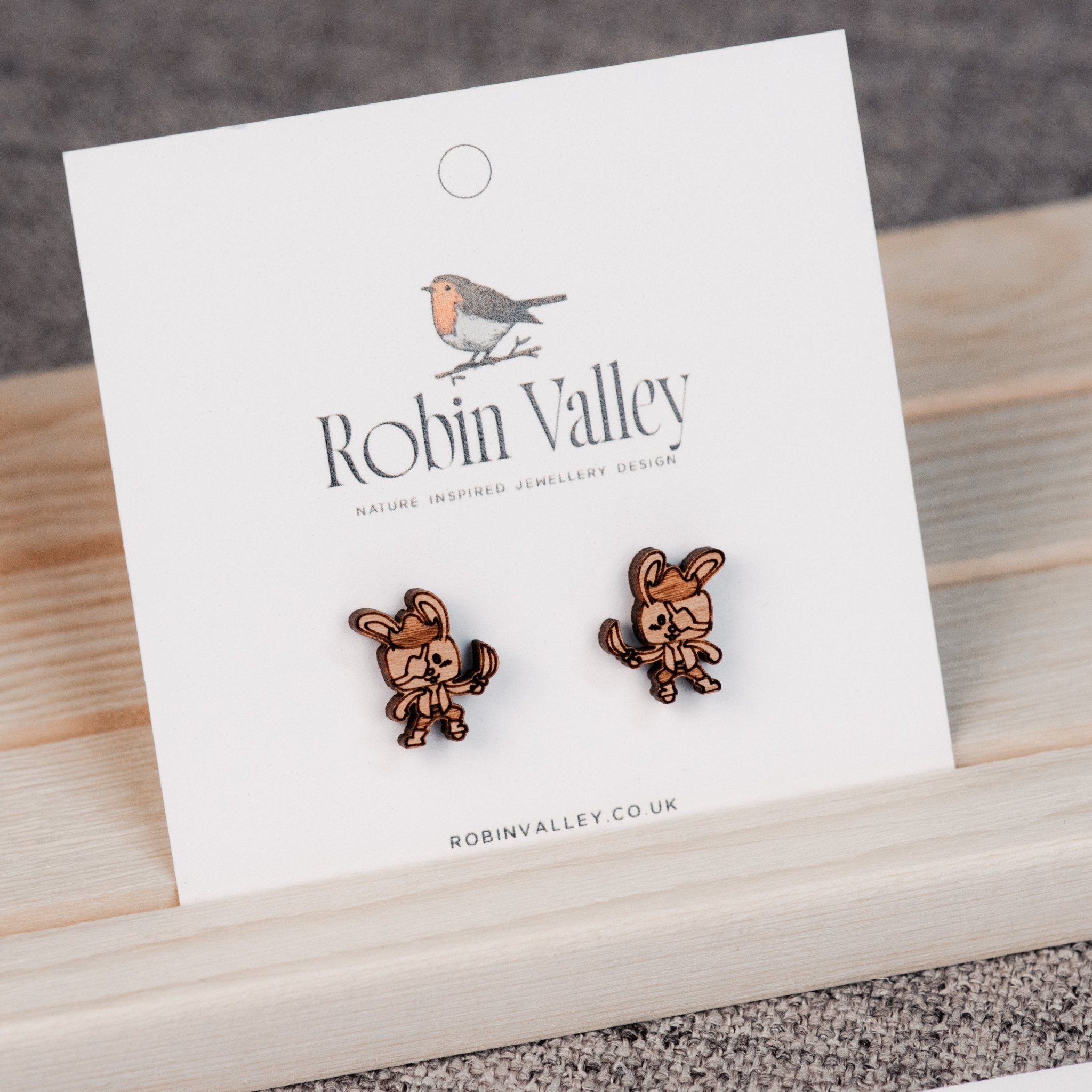 Pirate Rabbit Cherry Wood Stud Earrings - EL10116 - Robin Valley Official Store