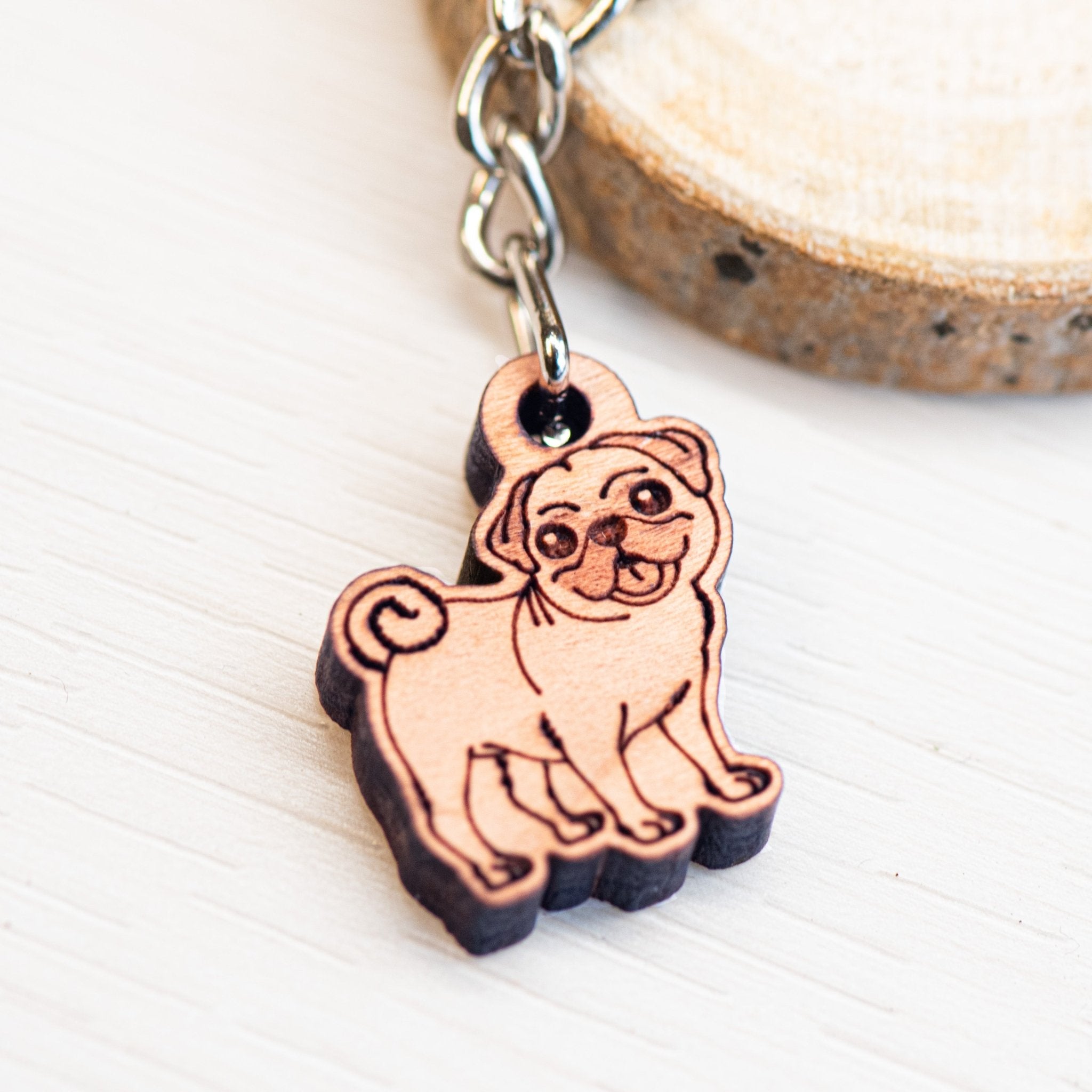 Pug Dog Cherry Wood Keyring - KL20062 - Robin Valley Official Store