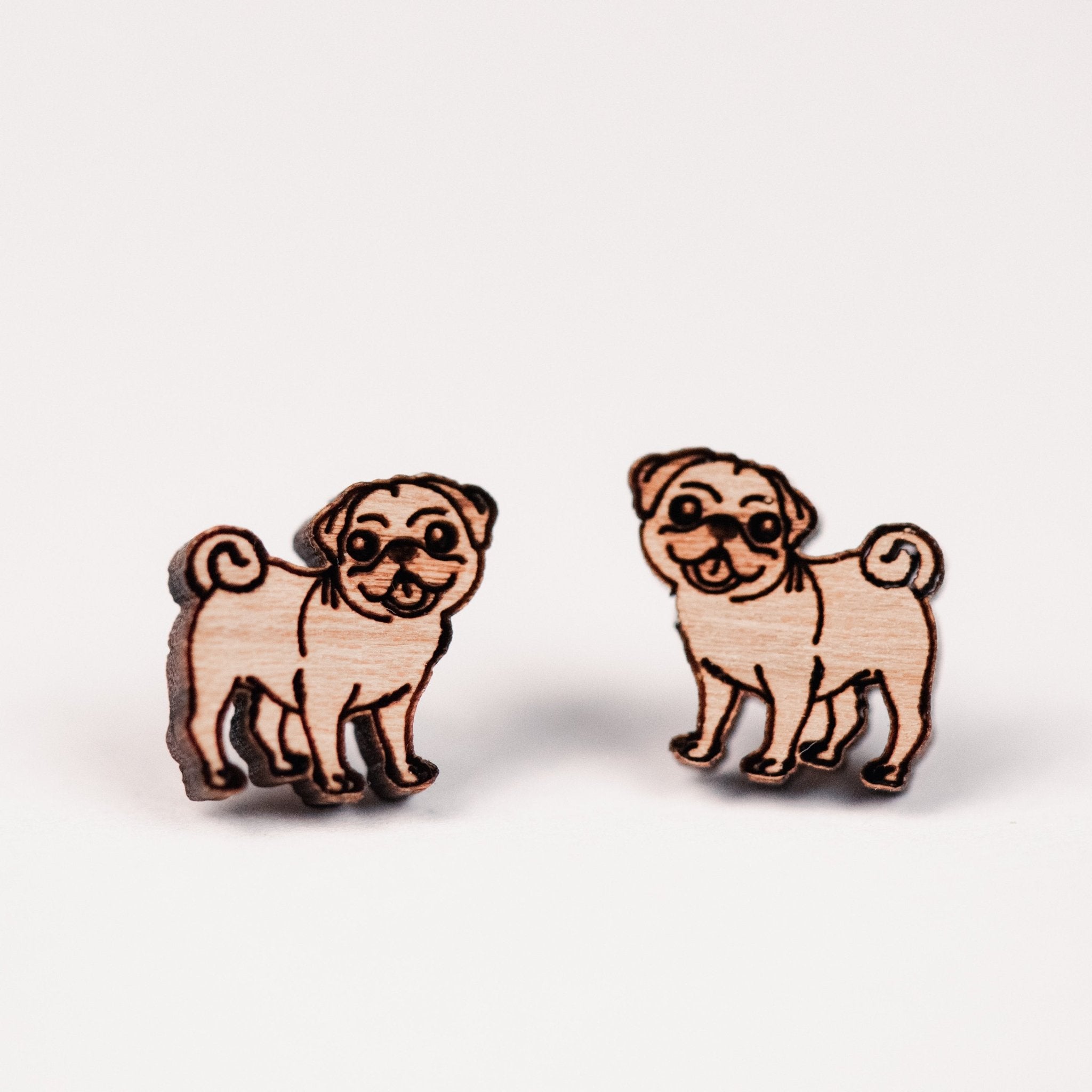 Pug Dog Cherry Wood Stud Earrings - EL10062 - Robin Valley Official Store