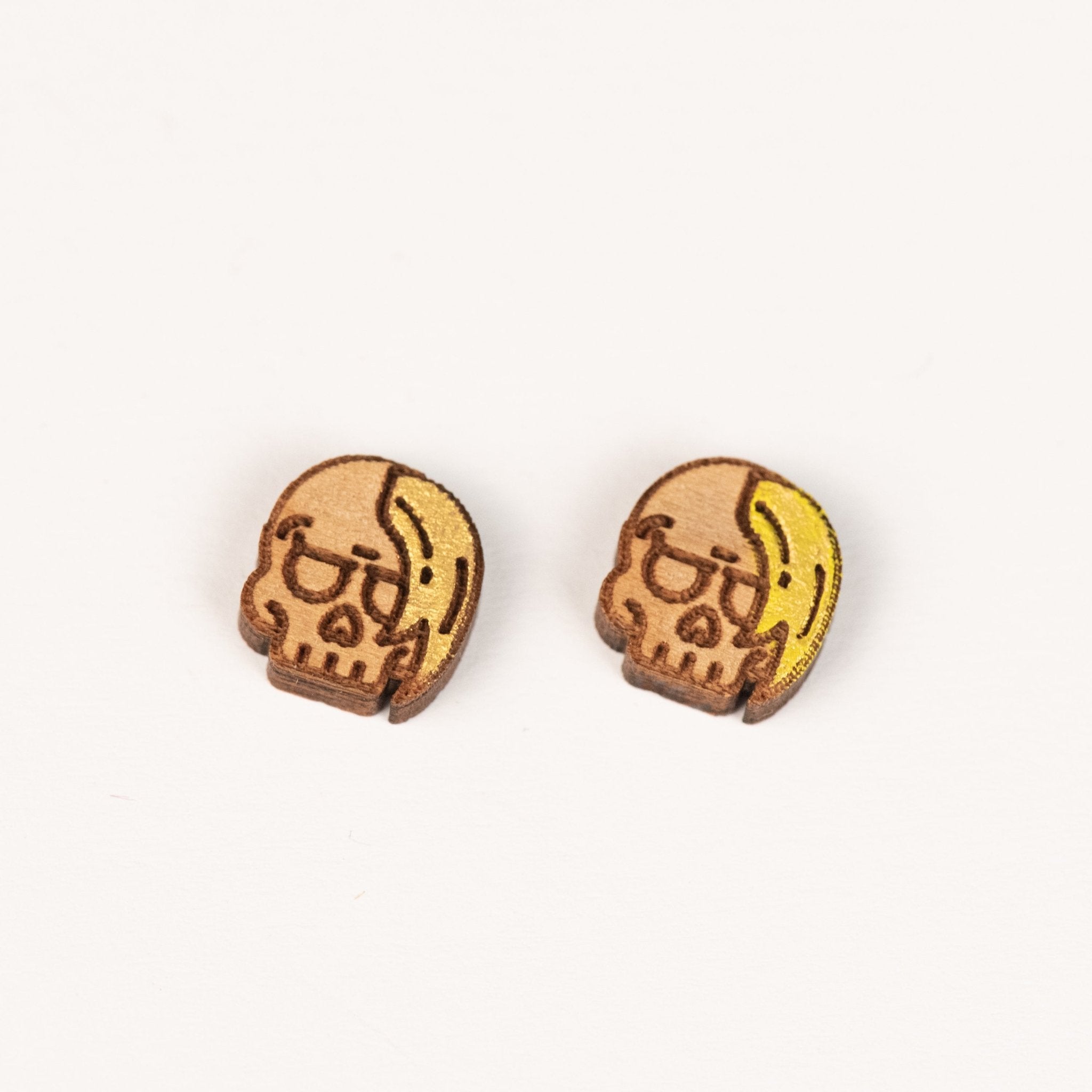 Punk Skull Painted Cherry Wood Stud Earrings - PET15162 - Robin Valley Official Store