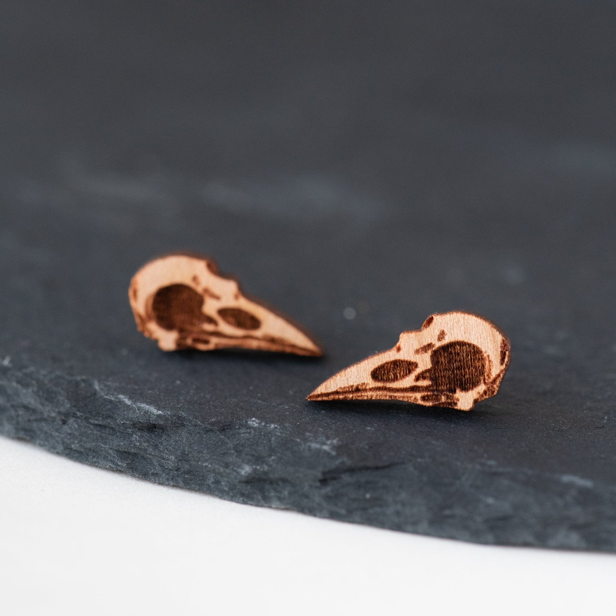 Raven Bird Skull Cherry Wood Stud Earrings - EB12008 - Robin Valley Official Store