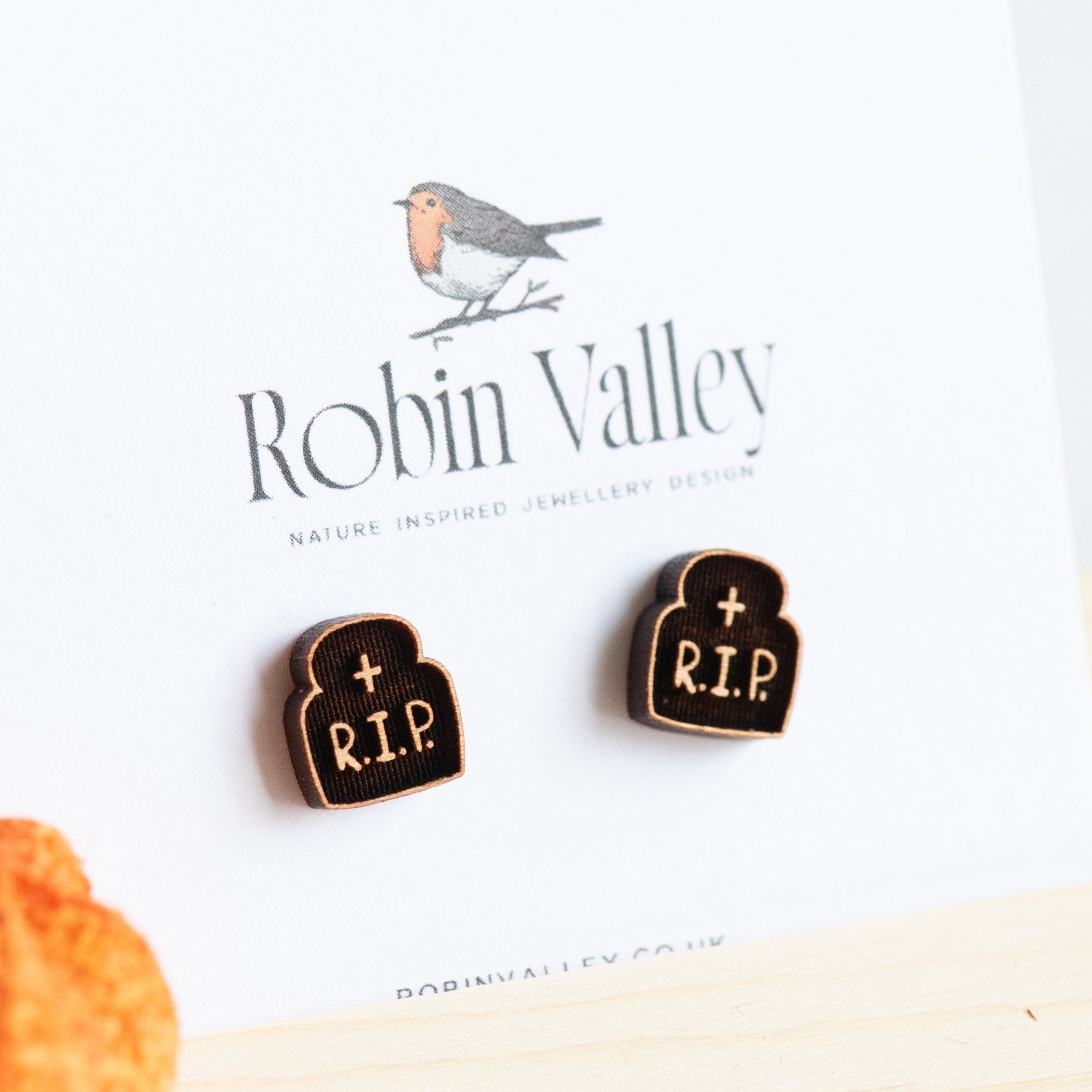 R.I.P. Tombstone Halloween Cherry Wood Stud Earrings - ET15070 - Robin Valley Official Store