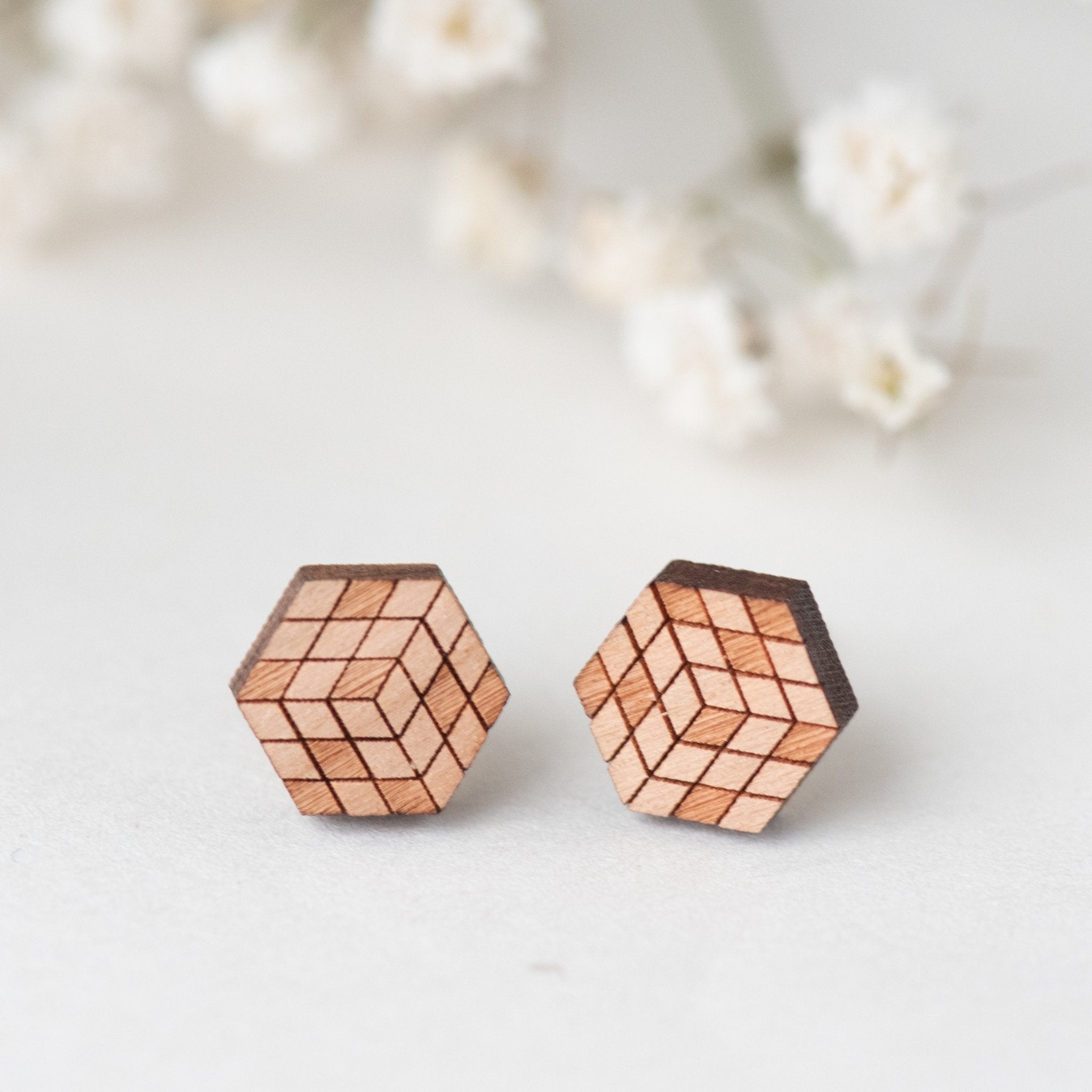 Rubik's Cube Cherry Wood Stud Earrings - ET15048 - Robin Valley Official Store