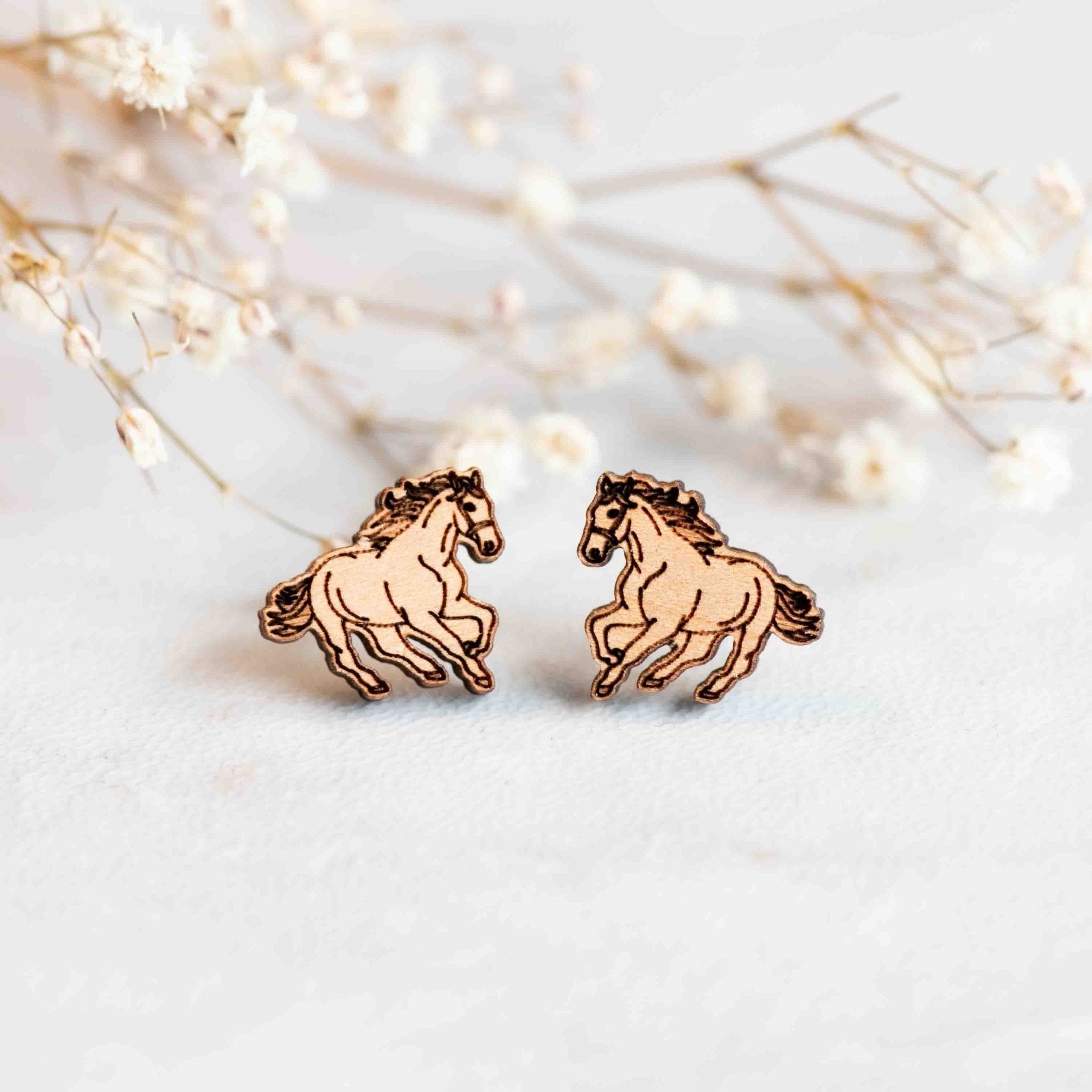 Running Horse Cherry Wood Earrings - EL10201 - Robin Valley Official Store