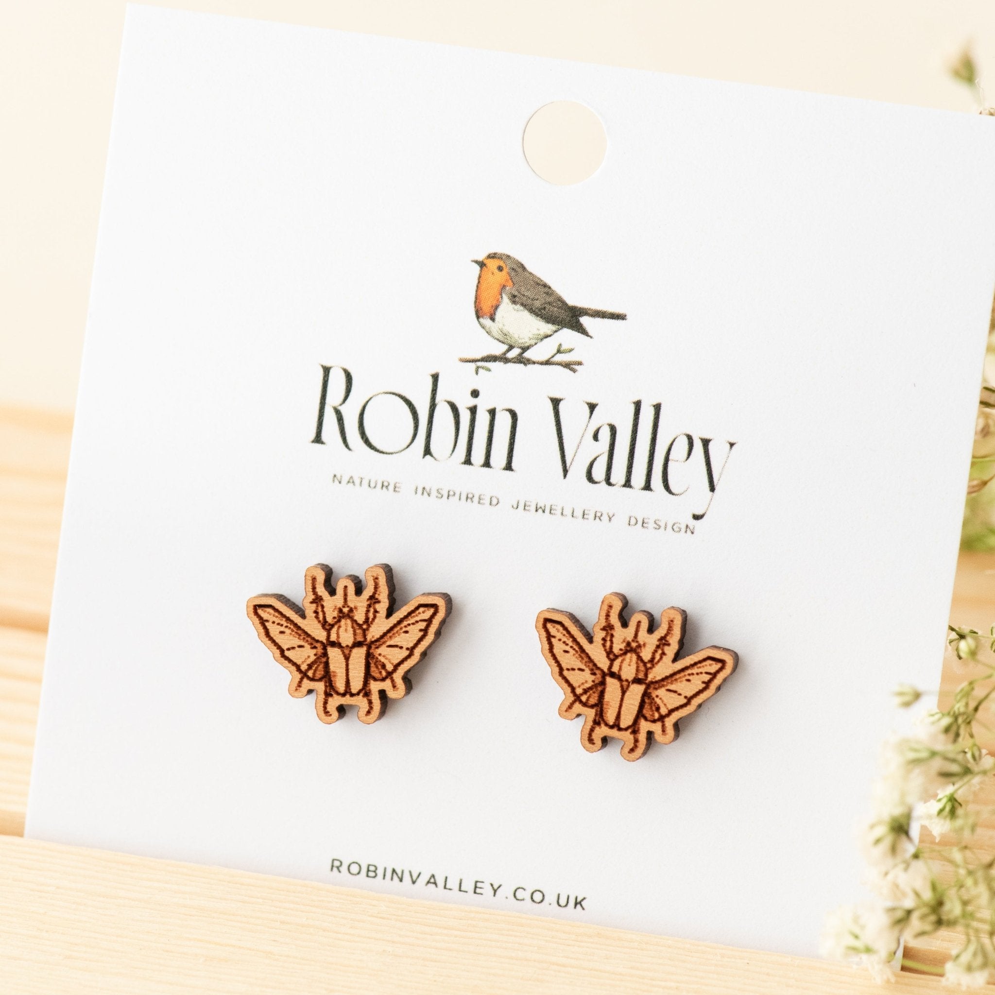 Scarab Beetle Cherry Wood Stud Earrings - EO14044 - Robin Valley Official Store