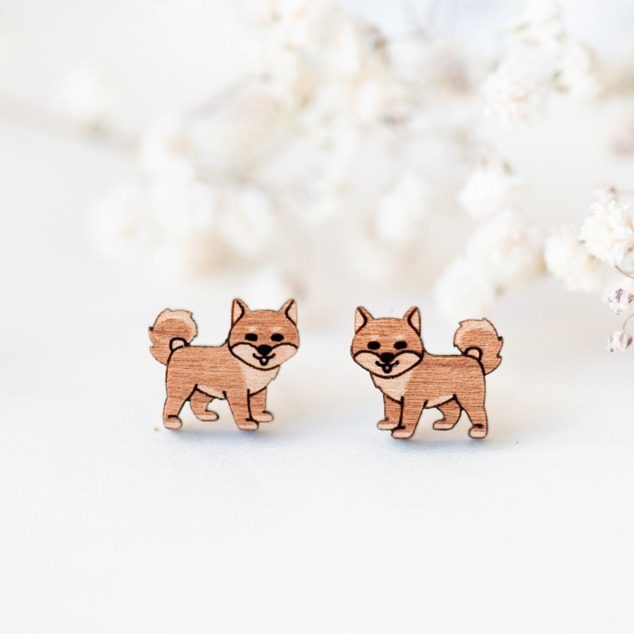 Shiba Inu Dog Cherry Wood Stud Earrings - EL10037 - Robin Valley Official Store