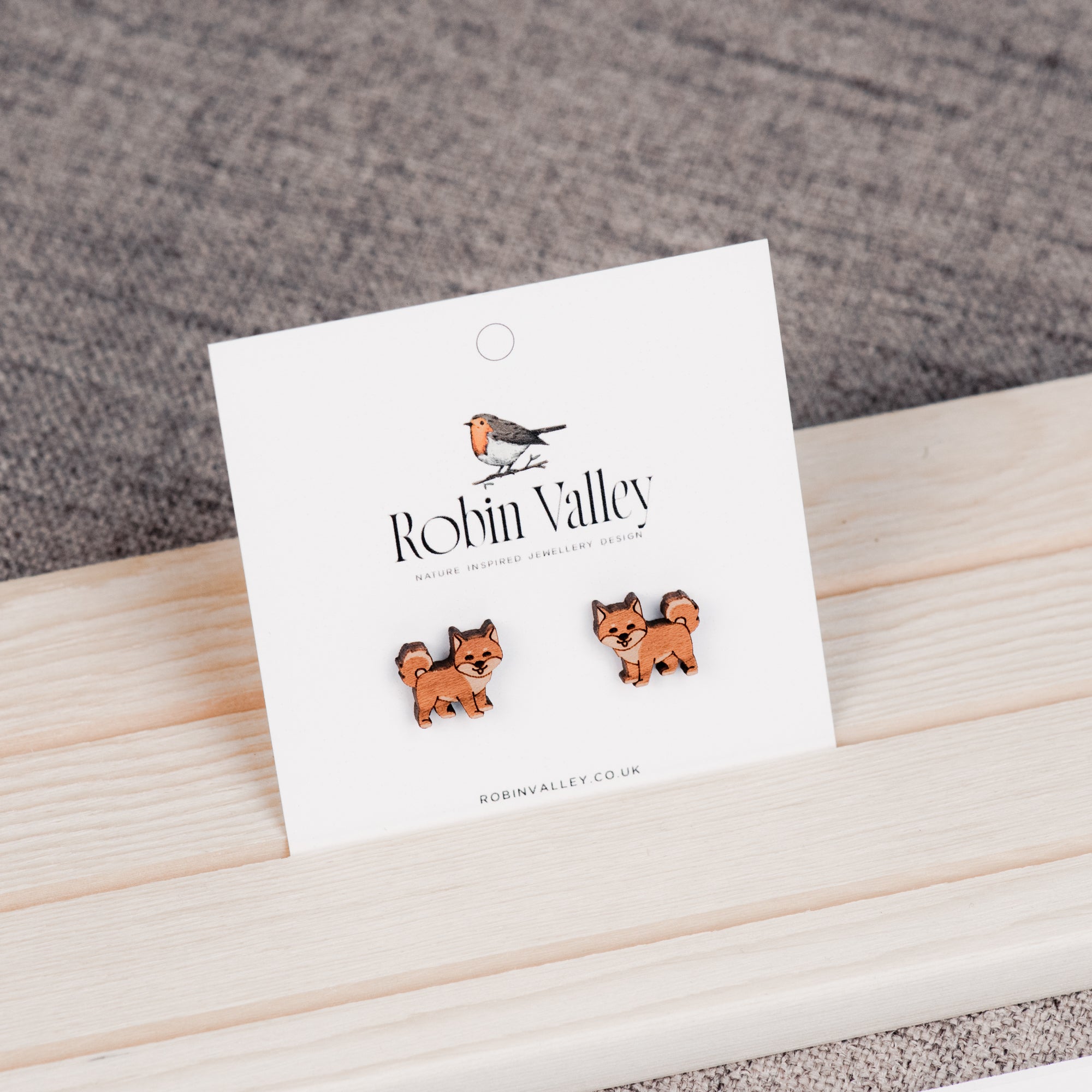Shiba Inu Dog Cherry Wood Stud Earrings - EL10037 - Robin Valley Official Store