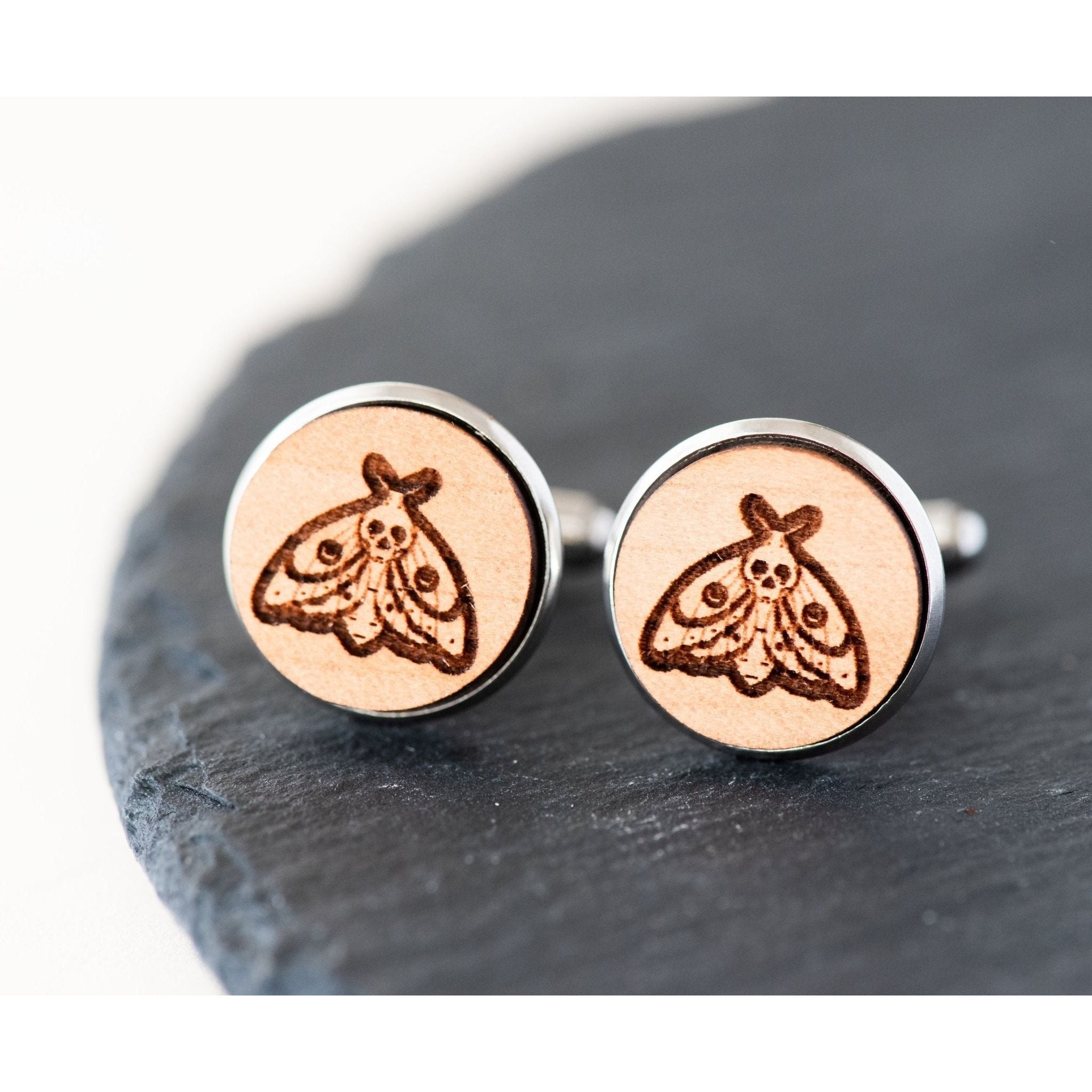 Skull Moth Cherry Wood Cufflinks - CO34026 - Robin Valley Official Store