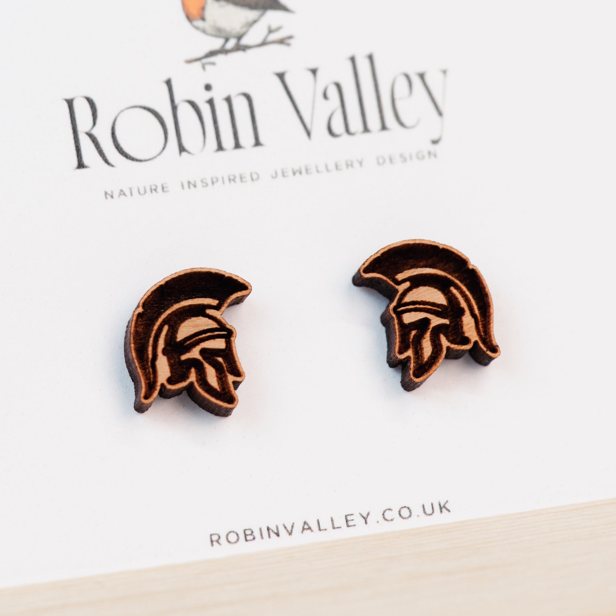 Spartan Helmet Cherry Wood Stud Earrings -ET15028 - Robin Valley Official Store