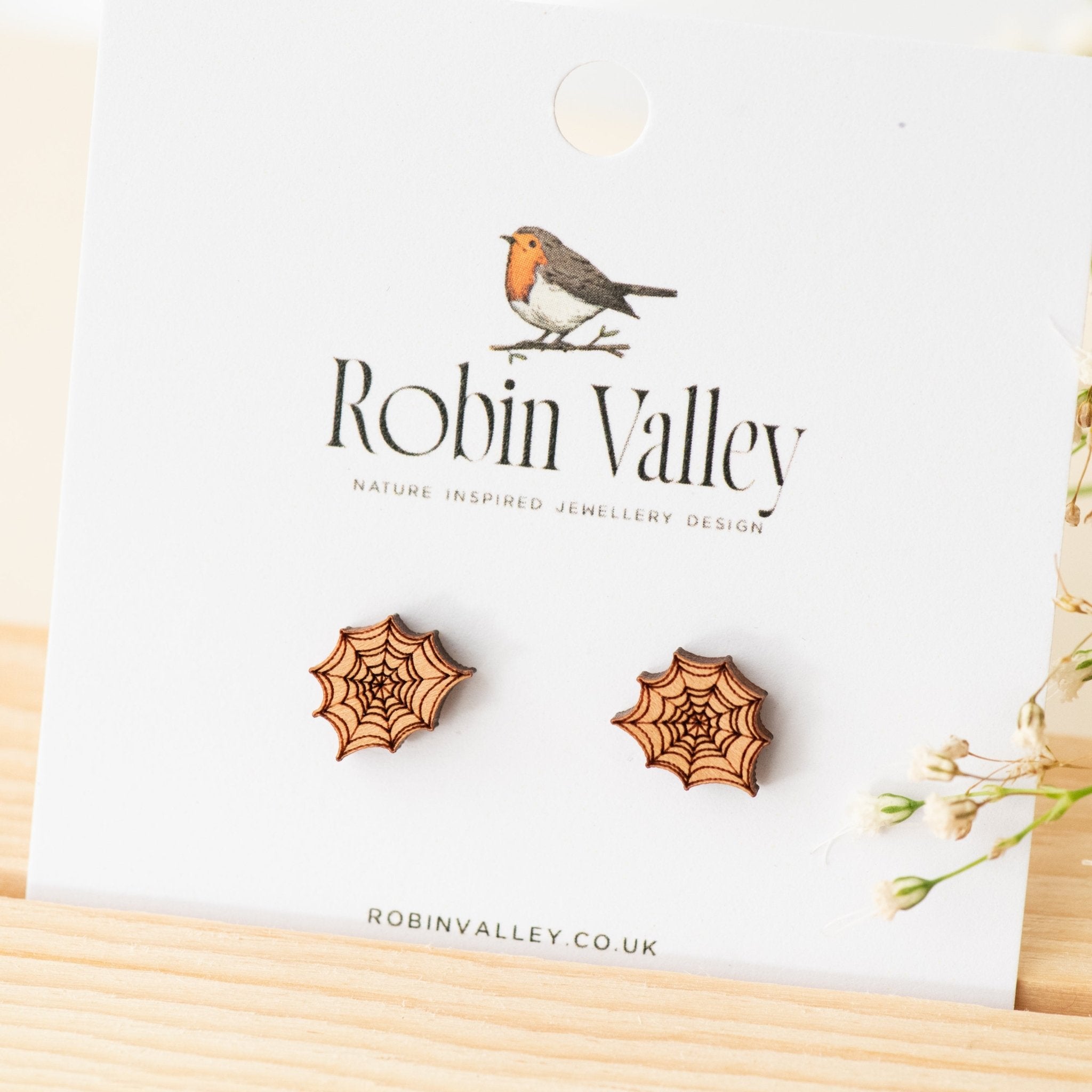 Spider Web Cherry Wood Stud Earrings - ET15133 - Robin Valley Official Store