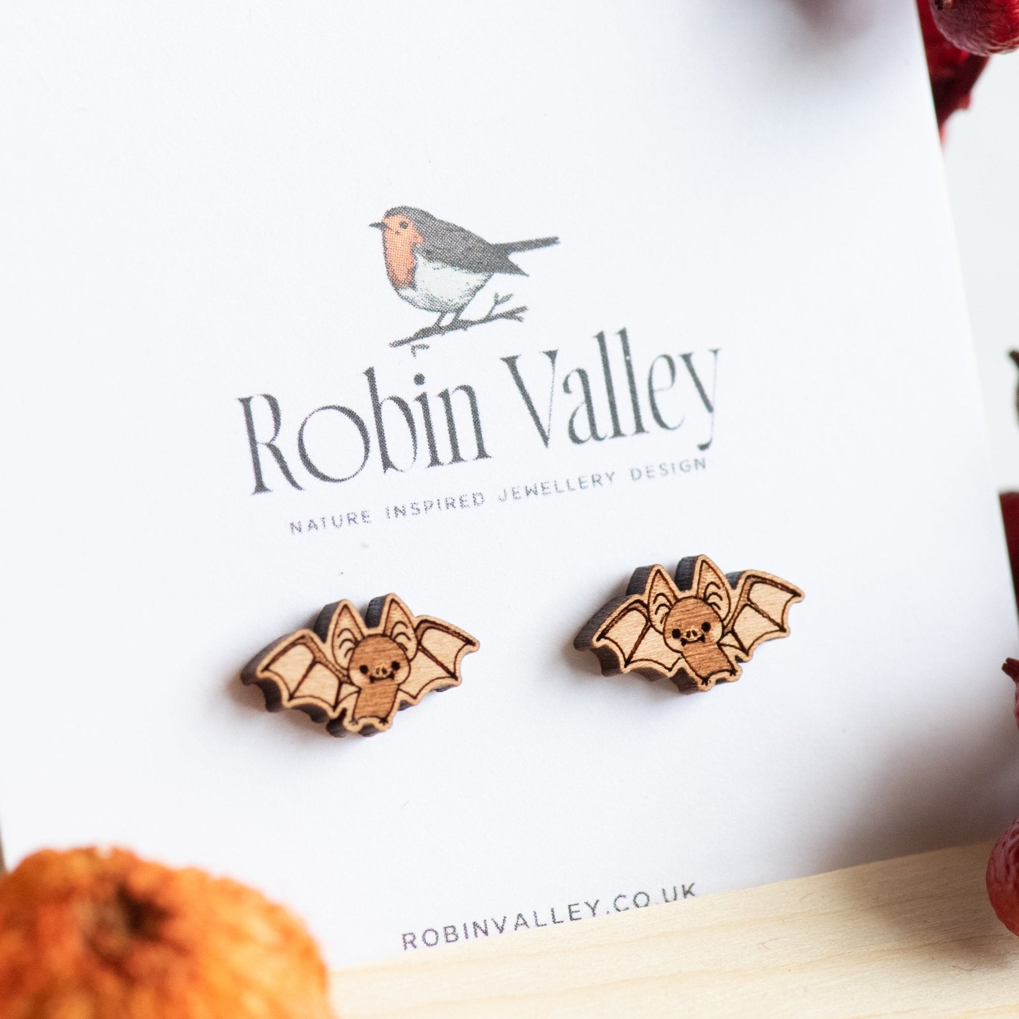 Vampire Bat Halloween Cherry Wood Stud Earrings - EO14028 - Robin Valley Official Store