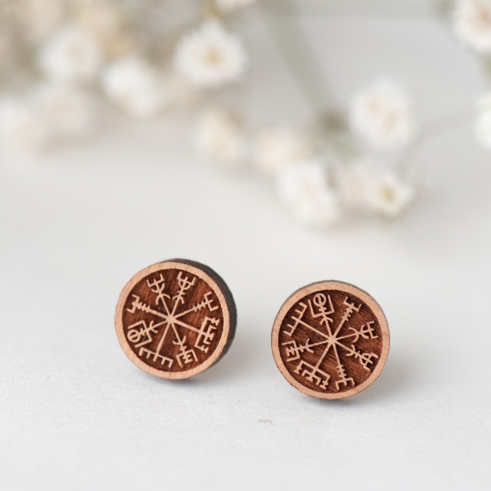 Viking Compass Cherry Wood Stud Earrings - ET15009 - Robin Valley Official Store